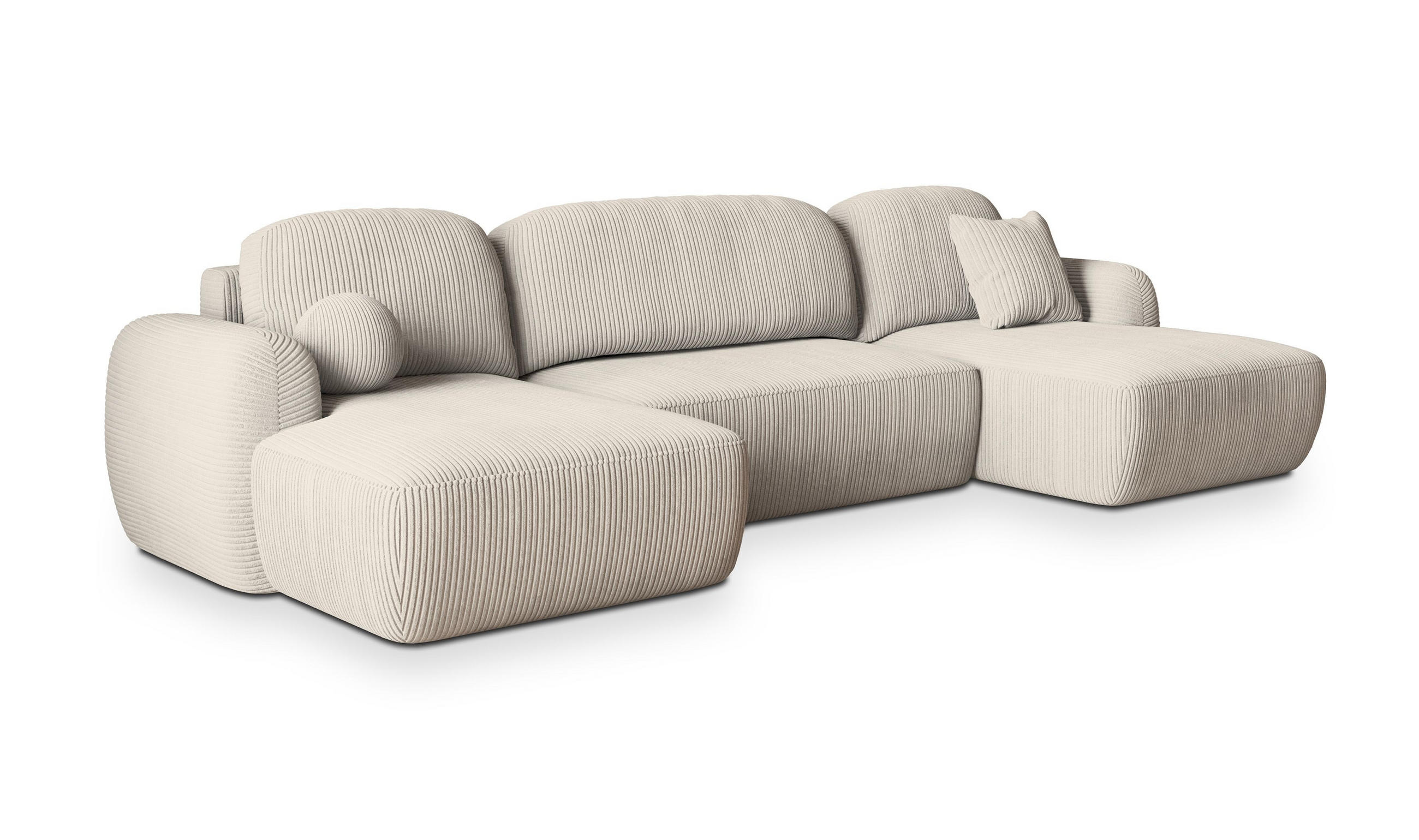 WOHNLANDSCHAFT SAVONA P Creme Kordstoff mit Schlaffunktion - Creme, Holz (350/90/148cm) - MASSENO
