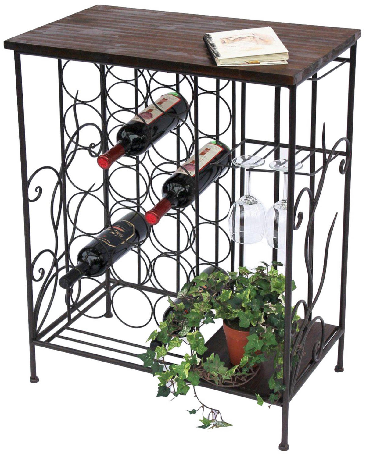 WEINREGAL mit Holzablage und Glashalter Metall Braun 83 cm 12977 - Braun, Metall (62/83/36cm) - DanDiBo