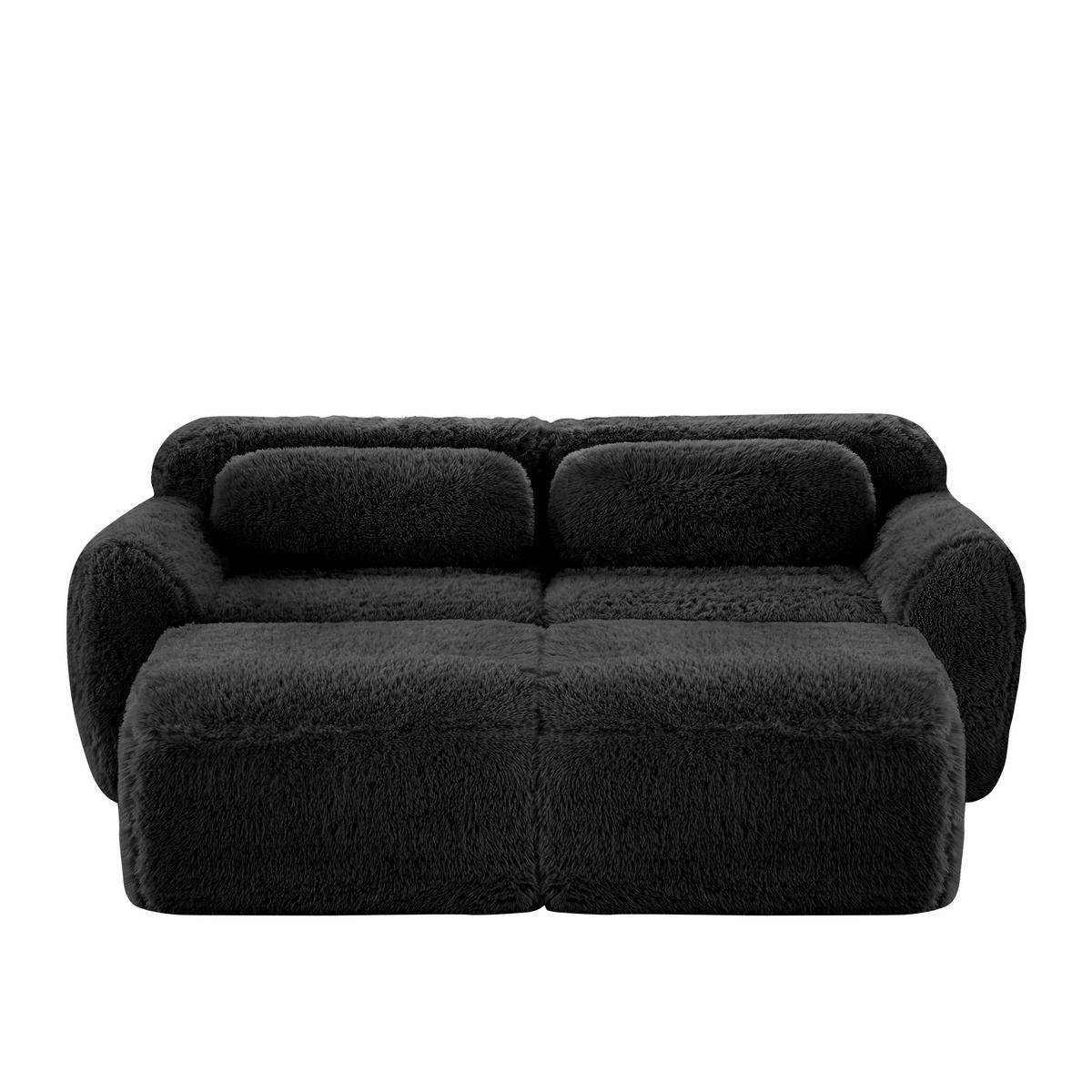 2-SITZER SOFA Plüsch Schwarz mit 2 Ottomanen - Schwarz, Textil (204/73/179cm) - WISHDOR