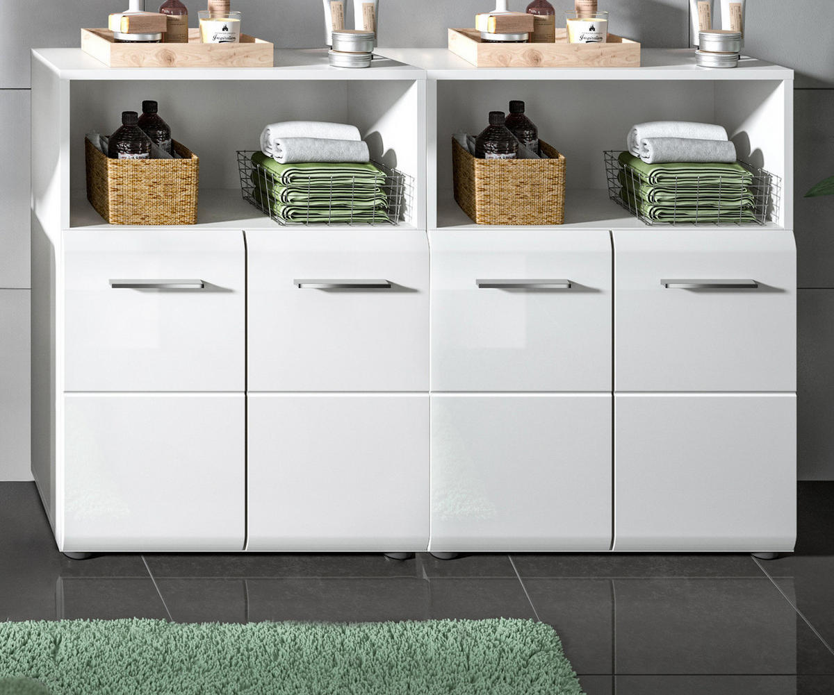 BADOMMODE weiß Hochglanz 120 x 106 cm, 2x Badezimmer Kommode - Weiß Hochglanz/Silberfarben, Holzwerkstoff/Kunststoff (120/80/30cm) - Inn.Furn