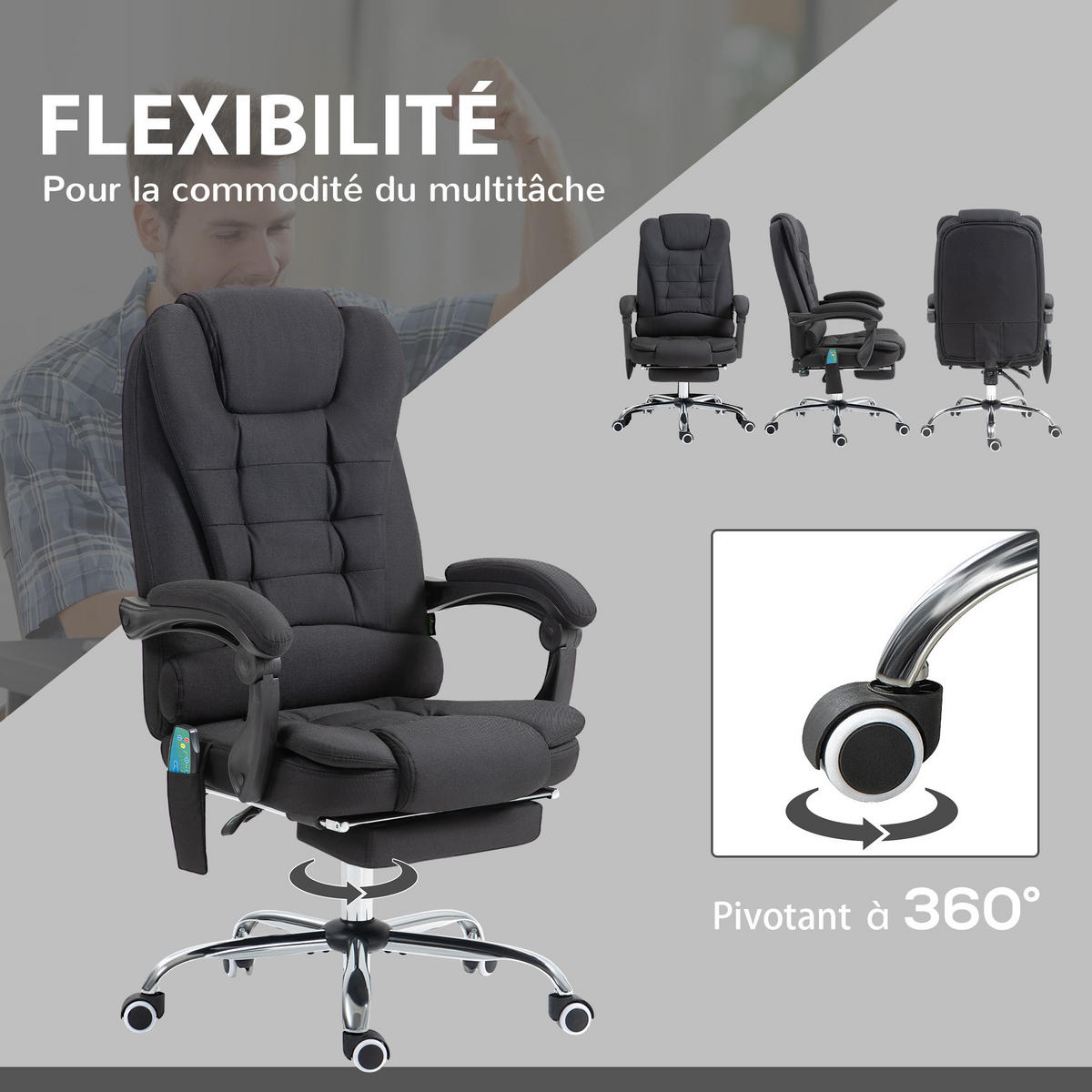 CHEFSESSEL DE-11715 Massage- & Heizfunktion mit neigbarer Rückenlehne Schwarz - Schwarz, Textil (70/119/65cm) - ComfortXL