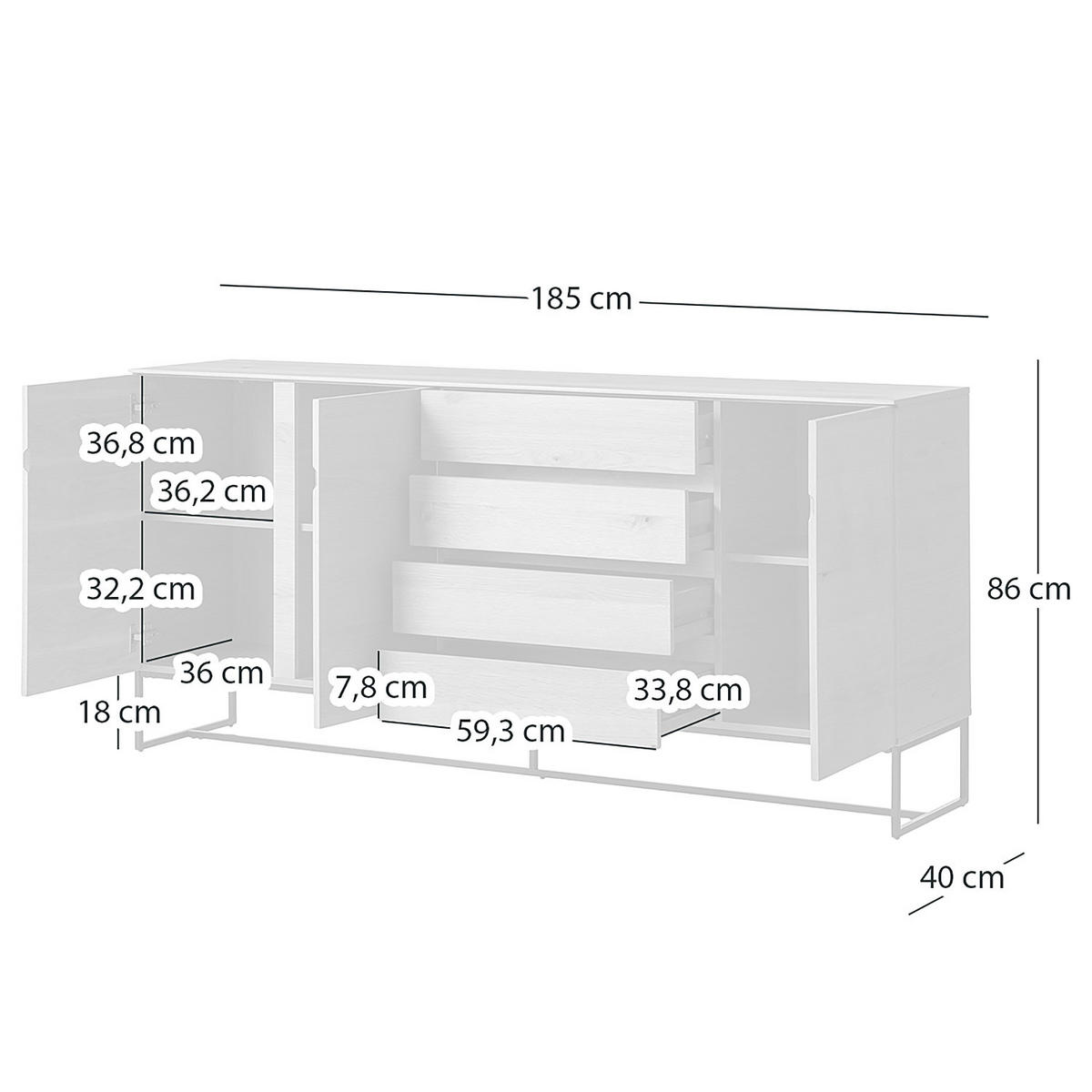 SIDEBOARD mit 3 Türen - Echtholzfurnier / Eisen - Eichefarben/Schwarz, Holzwerkstoff (185/86/40cm) - home24