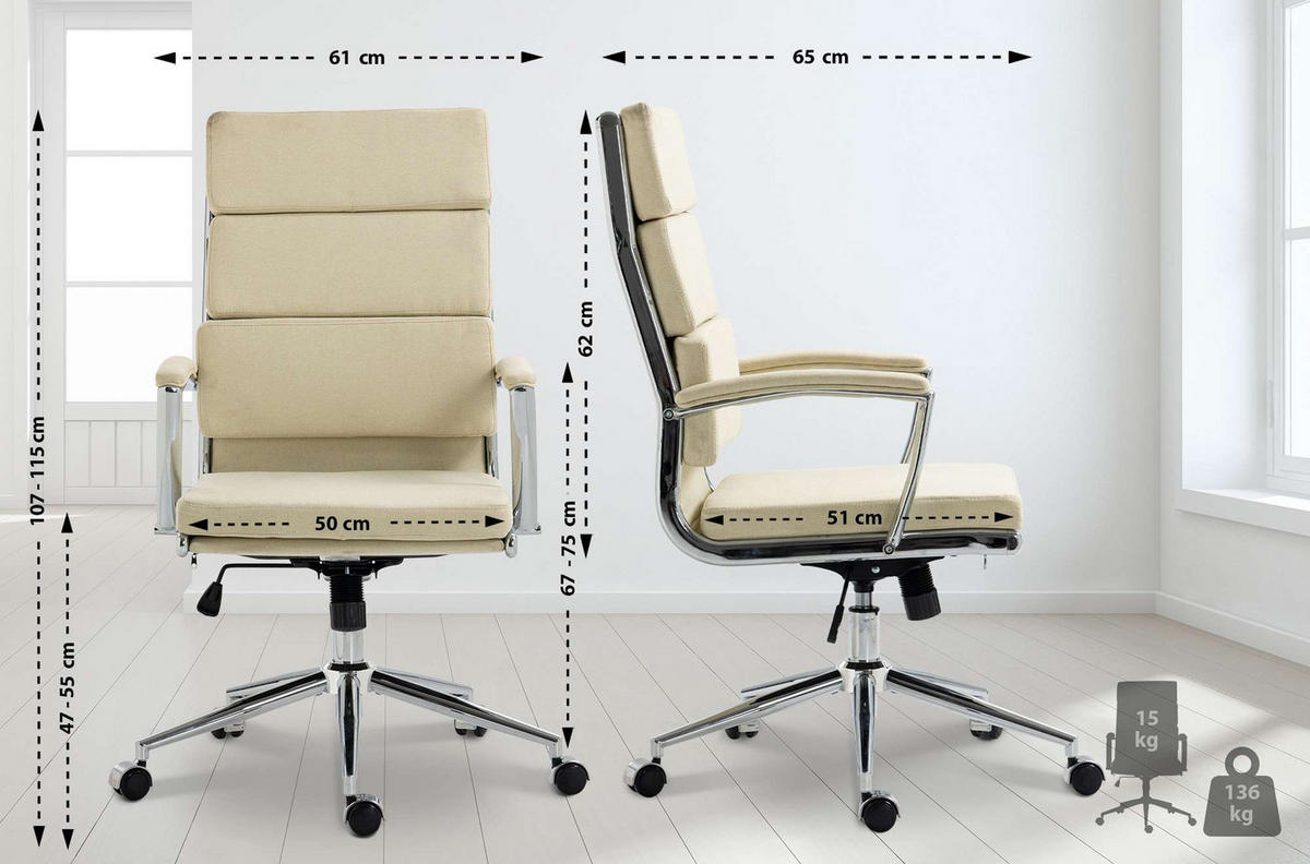 BÜROSTUHL Cyron Stoff creme - Chromfarben/Creme, Textil/Metall (61/115/65cm) - TPFLiving