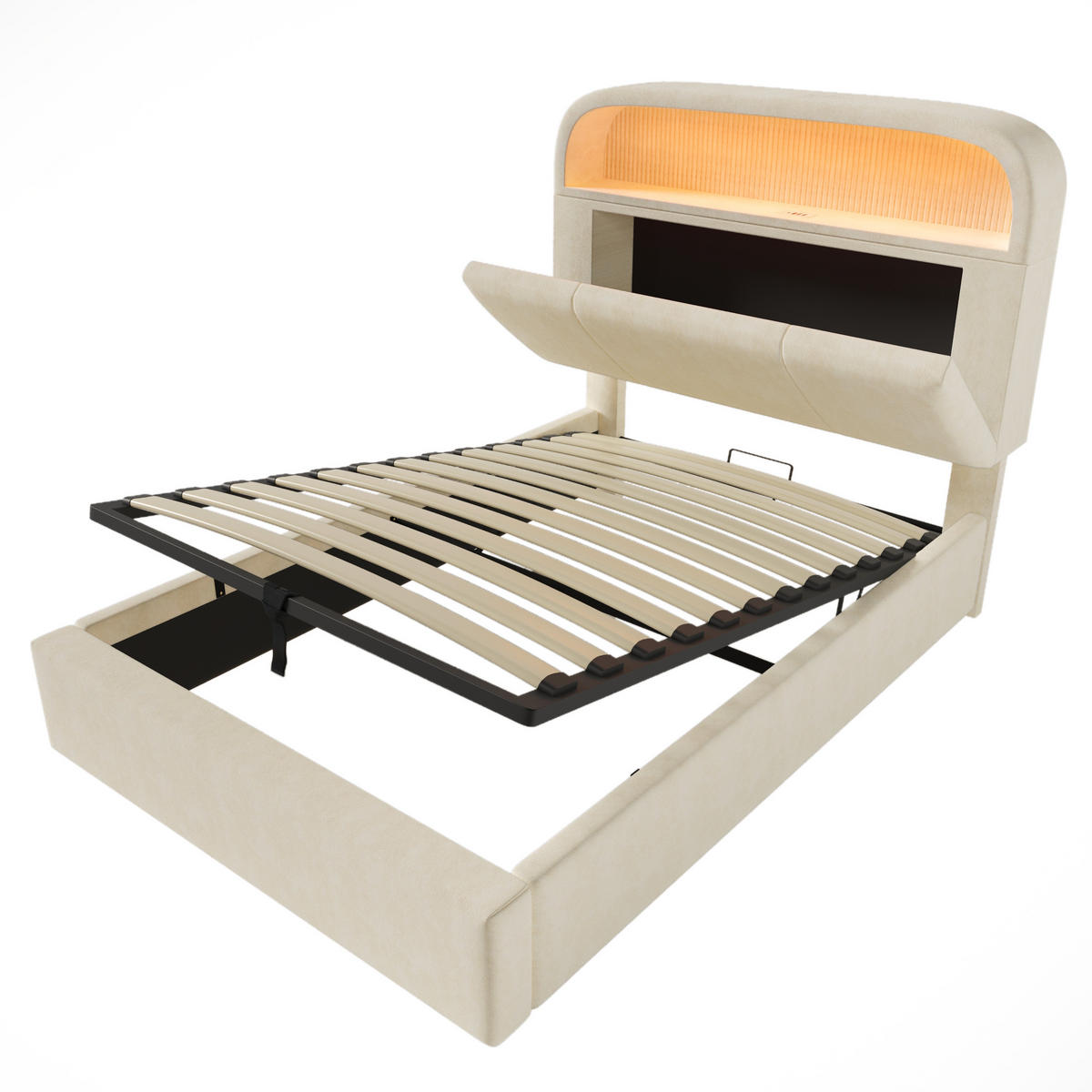 POLSTERBETT 90/200 cm Beige mit höhenverstellbarem Stauraum-Kopfteil mit LED-Beleuchtung und USB-Anschlüssen - Beige, Textil (90/200cm) - OKWISH