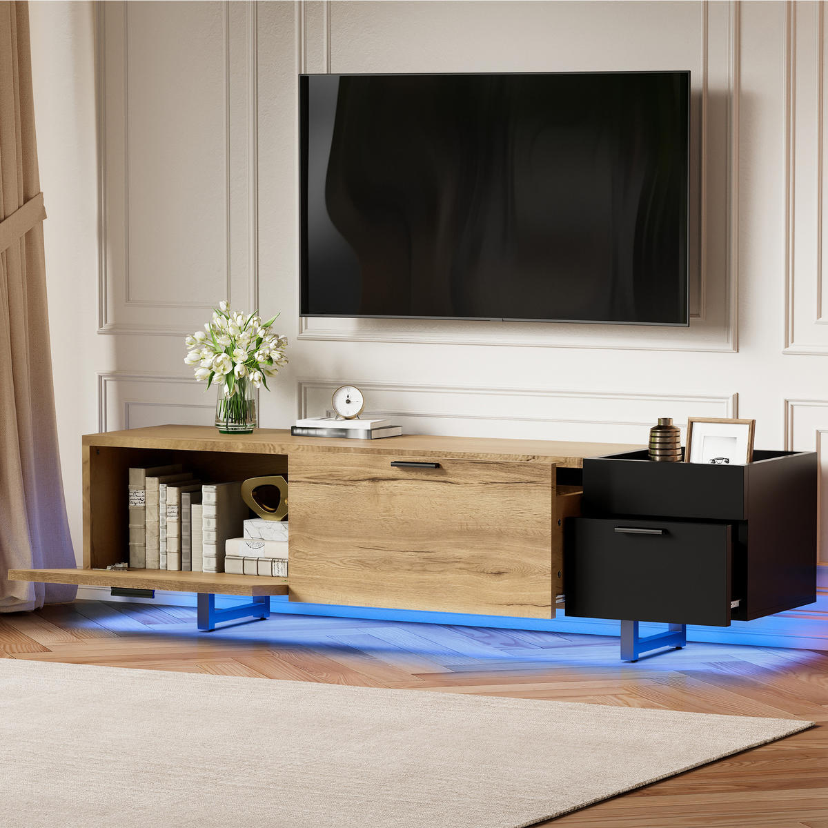TV-SCHRANK mit offenen Fächern, Schubladen und Stauraum, Natur/Schwarz - Schwarz, Holzwerkstoff (180/49/38cm)