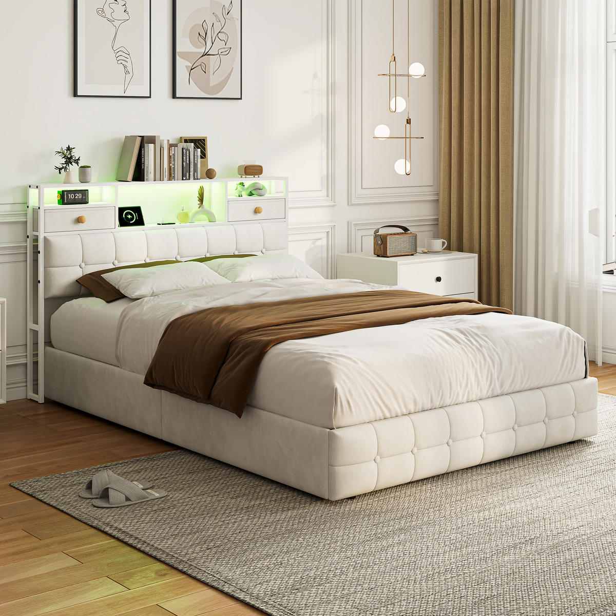POLSTERBETT 140/200 cm mit Schubladen, Stauraum und LED-Beleuchtung - Beige, Holz/Metall (160/200cm) - FURNISHINGS HOME