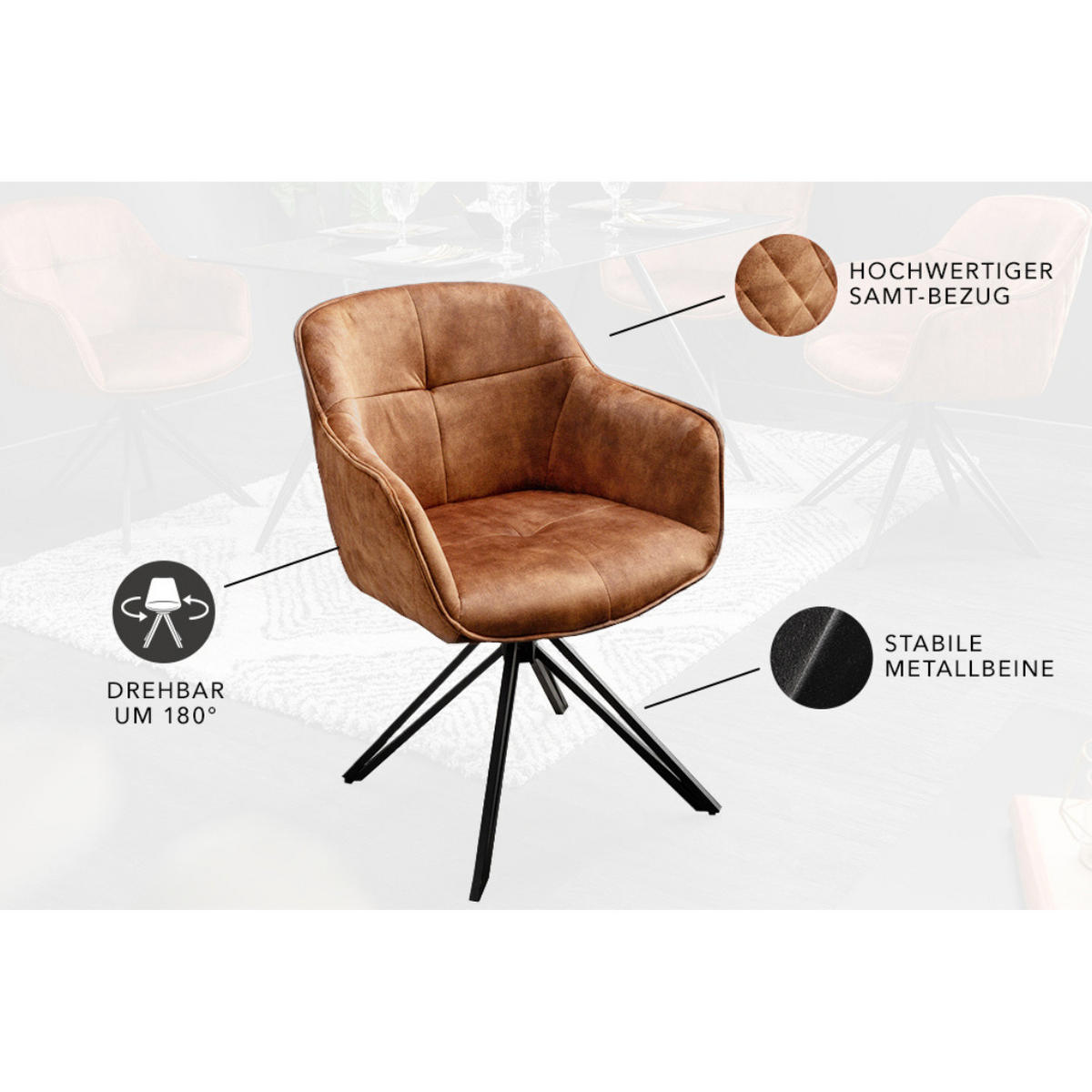 STUHL EUPHORIA Samt Rost Braun, Schwarz - Braun, Textil (58/82/60cm) - riess-ambiente