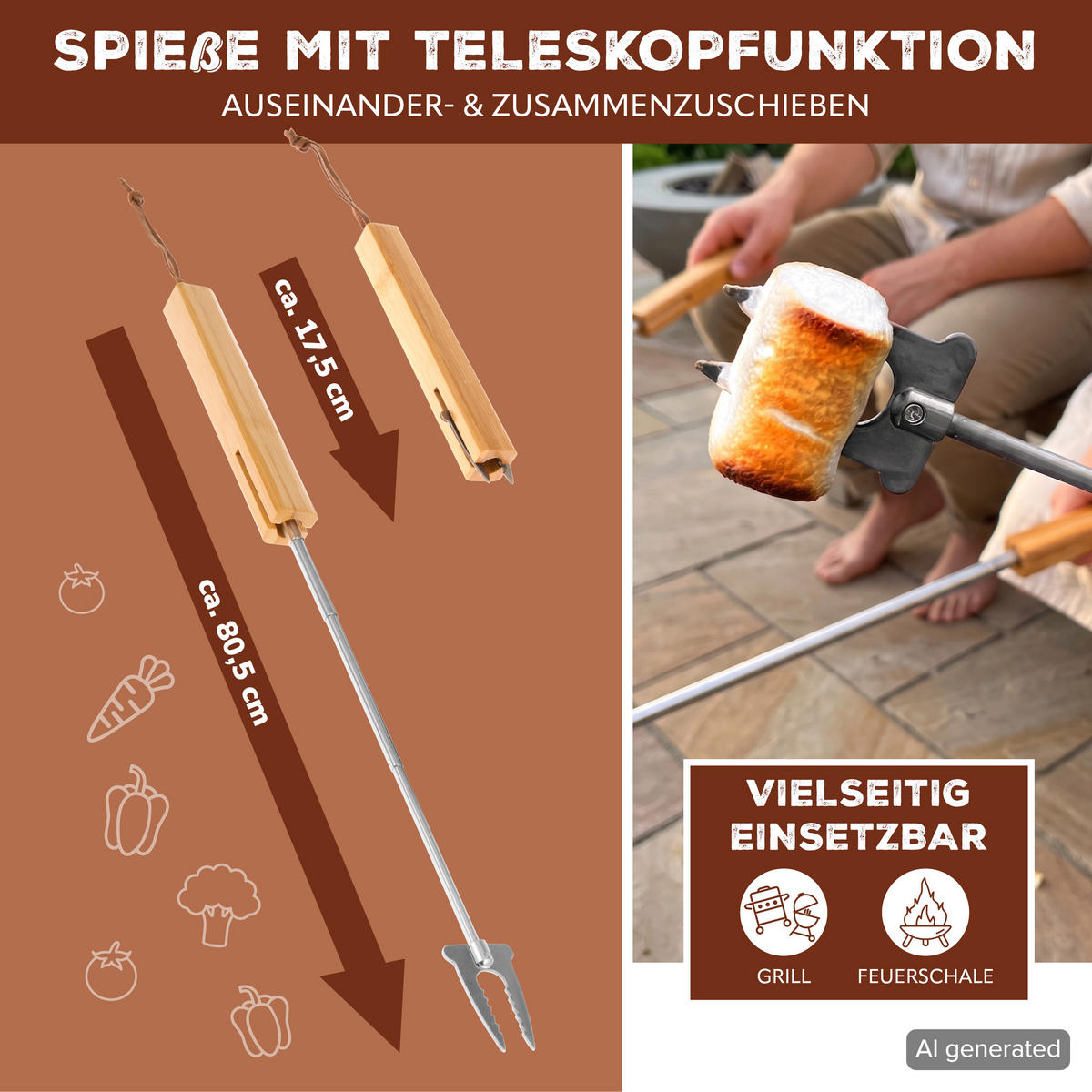TELESKOP-GRILLGABEL 4er-Set, Edelstahl - Edelstahlfarben, Metall (8cm) - bremermann