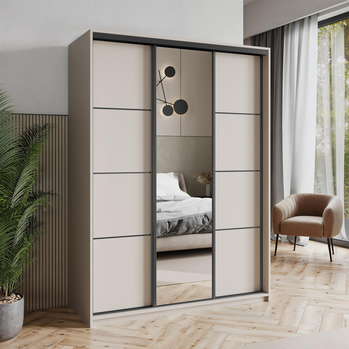 SCHWEBETÜRENSCHRANK VARO 150/205/60 cm 3-türig mit Spiegel Kaschmir - Kaschmir, Holzwerkstoff (150/205/60cm) - MASSENO