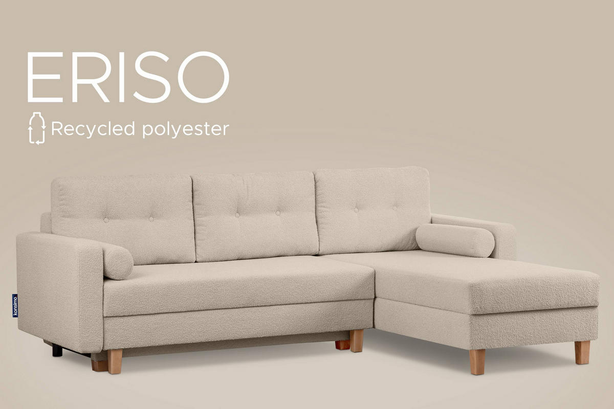 ECKSCHLAFSOFA ERISO 3/4 Sitzer und Universalecke mit Ottoman, Bouclé-Stoff, Creme - Creme/Braun, Textil (240/183cm) - KONSIMO®