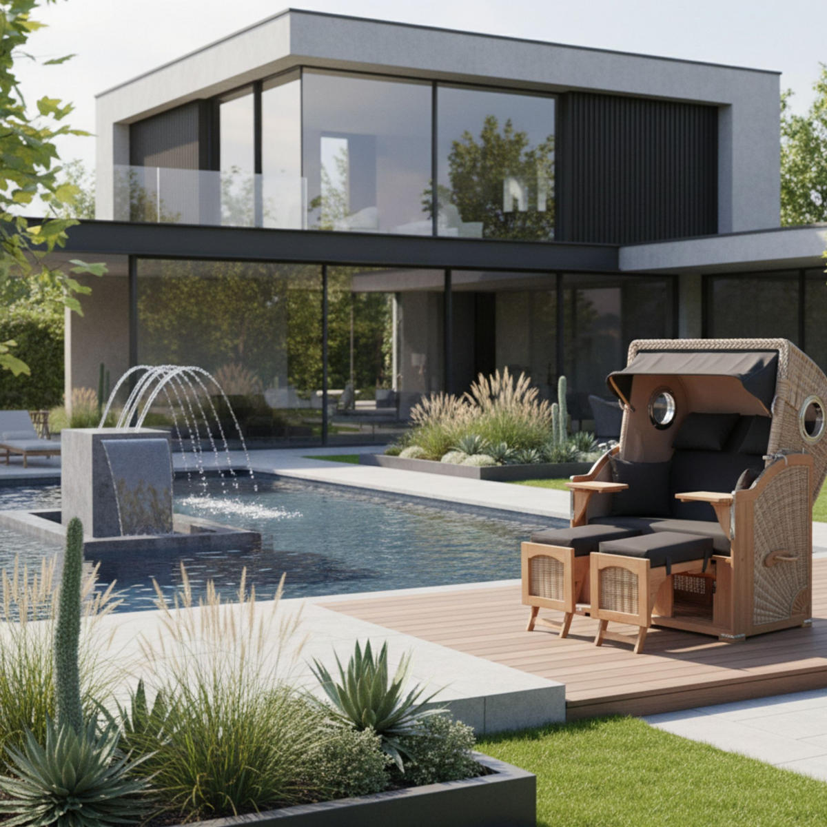 STRANDKORB Düne 2-Sitzer Teak Shell - Schwarz/Braun, Holz/Metall (125/170/80cm) - Mr. Deko