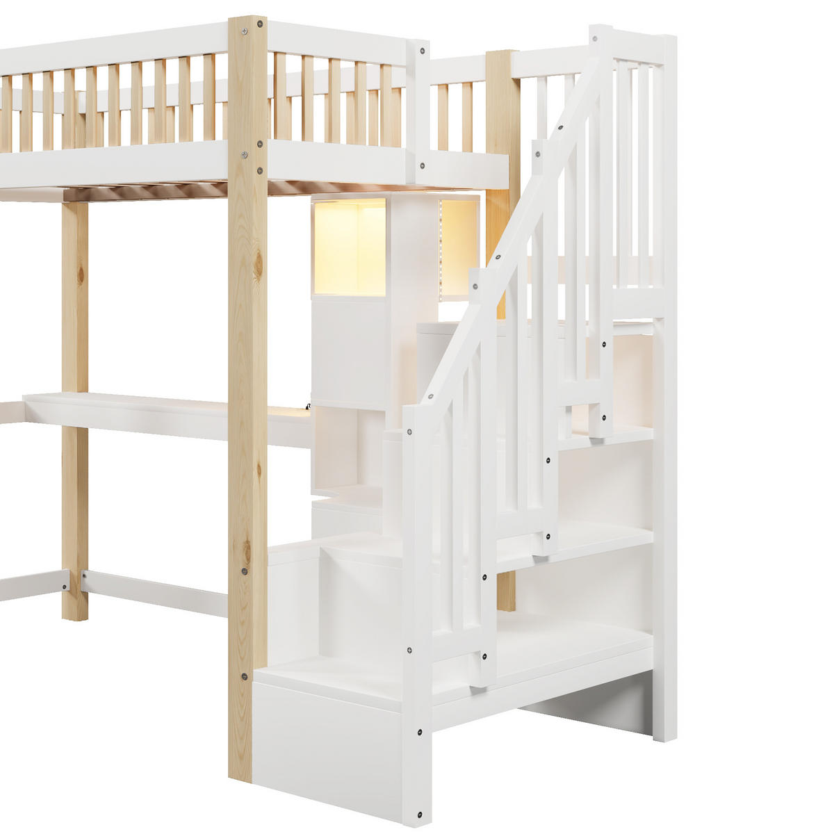 HOCHBETT 90/200 mit LED, Schreibtisch, Ablageleiter und Steckdose in Weiß und Natur - Weiß/Naturfarben, Holz/Holzwerkstoff (90/200cm) - EVRYAE