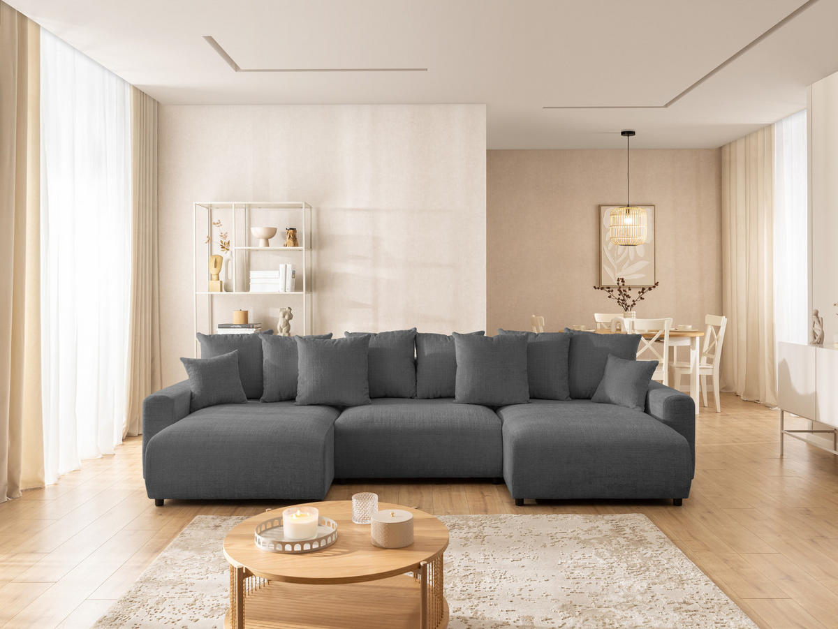 WOHNLANDSCHAFT Calma mit Schlaffunktion und Bettkasten im Bumpy-Design aus weichem Grau Chenille-Stoff - Schwarz/Grau, Holz/Kunststoff (336/88/140cm) - S-Style Möbel