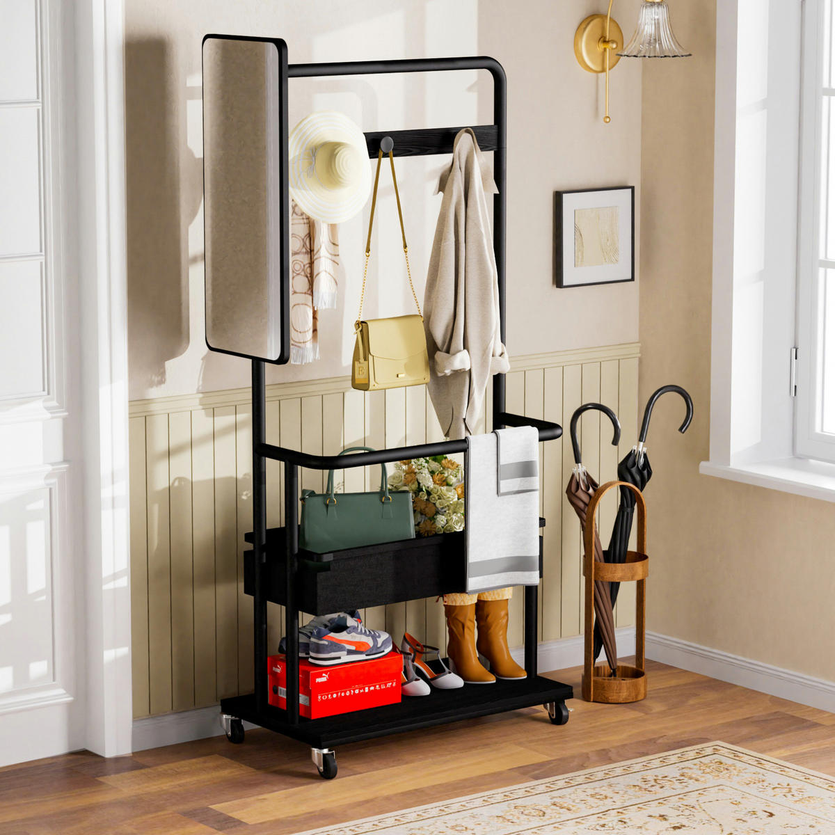 GARDEROBE Schwarz aus Stahl und Holzwerkstoff mit Rollen - Schwarz, Holzwerkstoff (40/170/70cm) - OKMYHOME