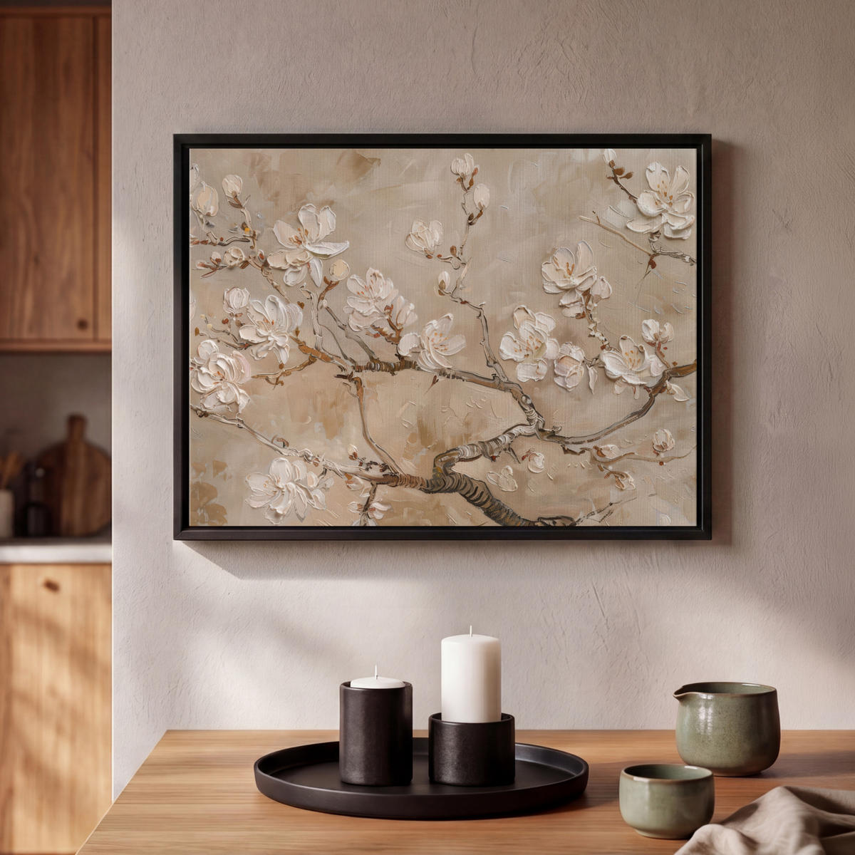 LEINWAND Bilder mit Rahmen - Blumen - Modern - Beige - Weiß - Blüte - 40x30 - Beige, Textil (40/30cm) - MuchoWow