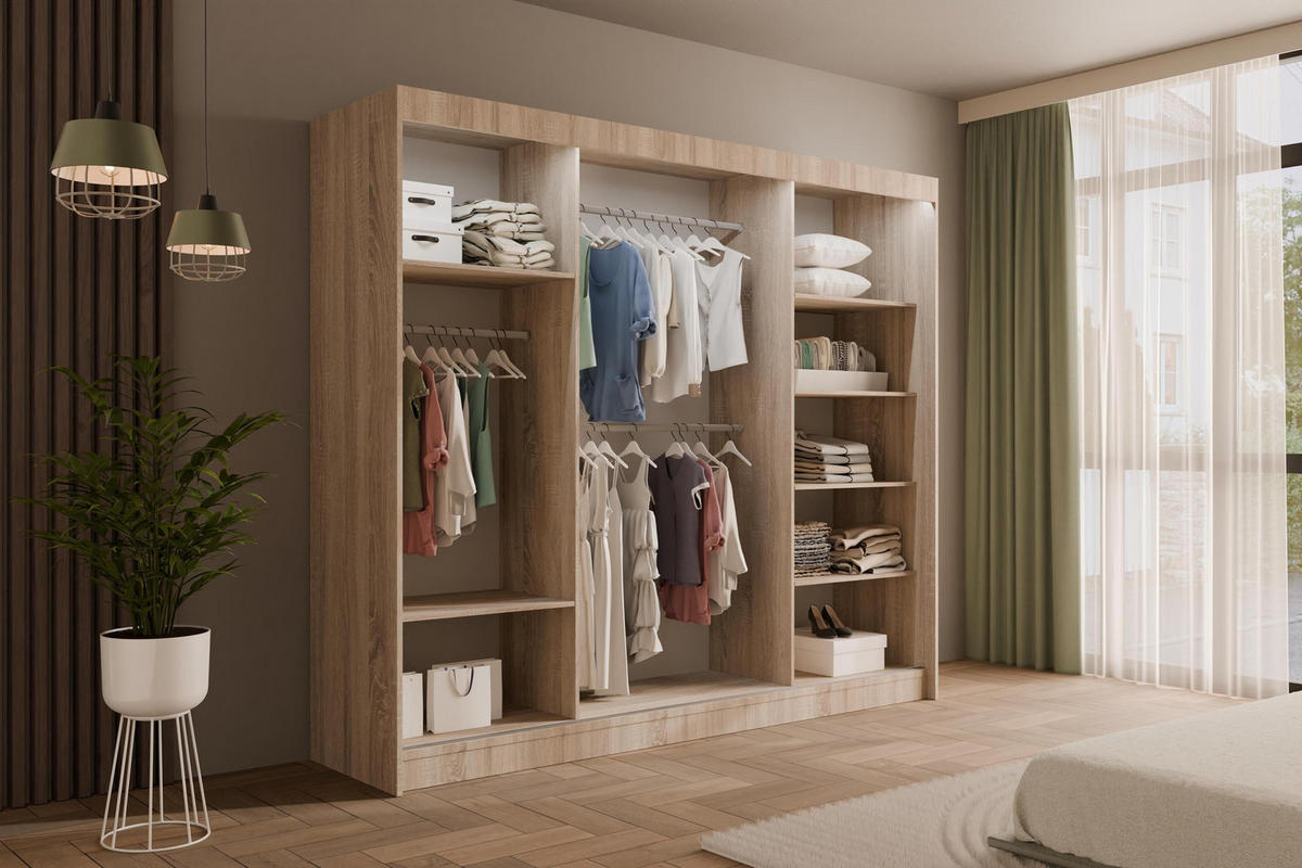 KLEIDERSCHRANK mit LED, Lamel-Schiebetüren VILANv2 - 250 cm Sonoma Eiche + Sonoma Eiche + Lamelle Eiche Wotan - Eiche Wotan/Sonoma Eiche, Holzwerkstoff (250/215/61cm) - ALTDECOR