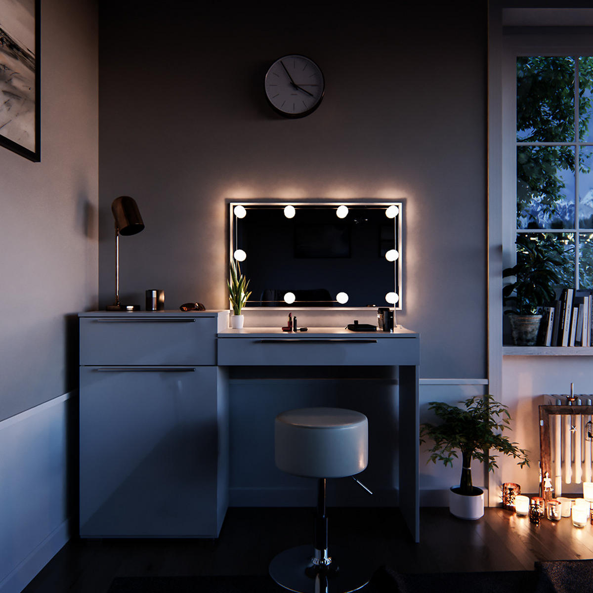 SCHMINKTISCH Lilli Weiß 135 cm mit LED Beleuchtung und Hocker - Weiß, Holzwerkstoff (135/90/39cm) - Vicco