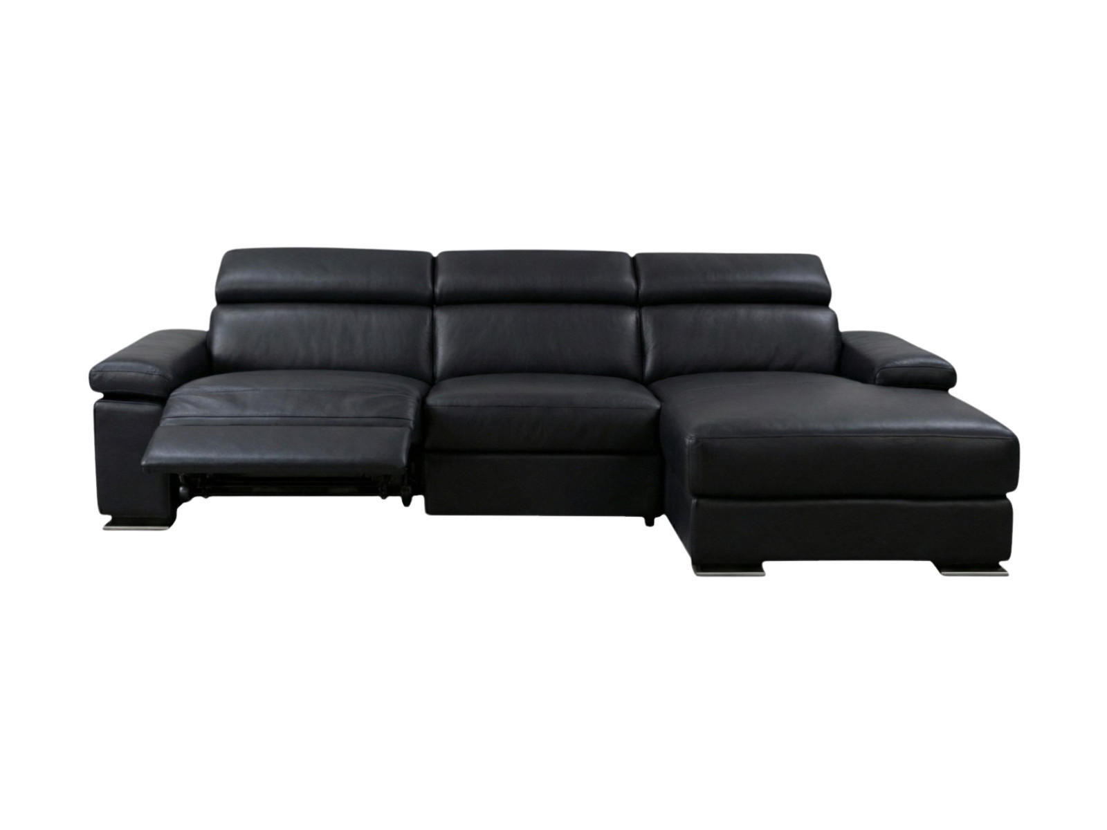 ECKSOFA Plutone Echtleder mit 1 x Relaxfunktion Schwarz - Schwarz, Leder/Metall (165/286cm)