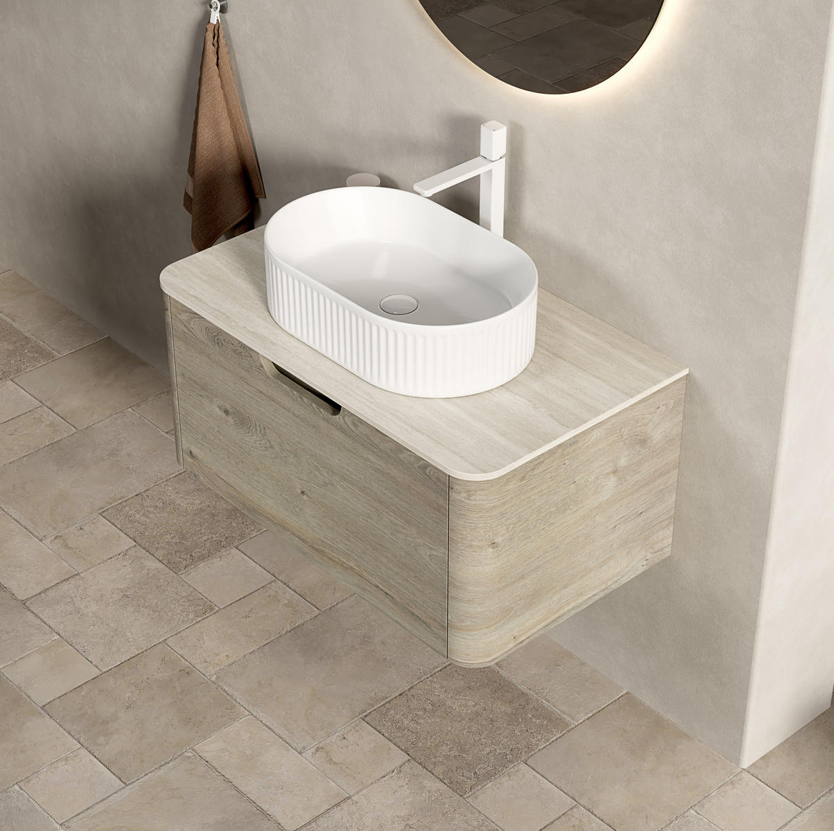 WASCHTISCHUNTERSCHRANK 80x46x50.2cm Beige/Weiß mit ovalem Keramikbecken & Travertin-Arbeitsplatte - Creme, Keramik (80/50.2/46cm) - Modfu
