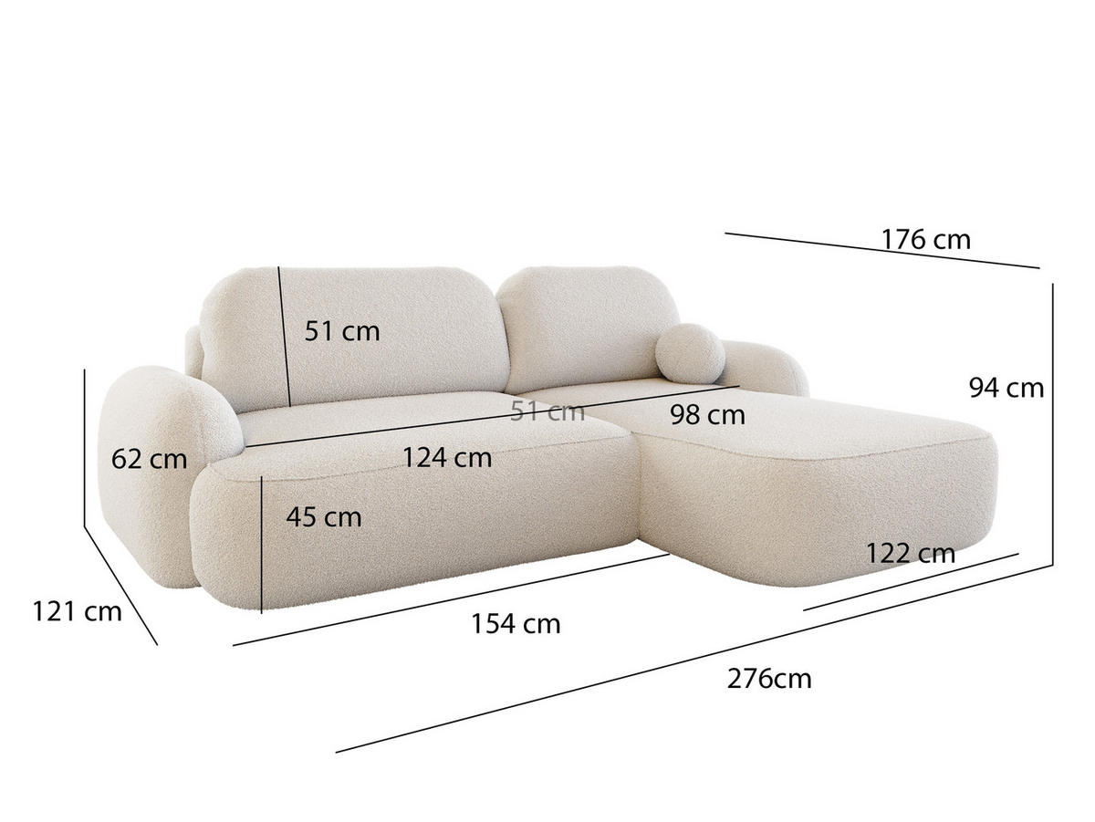 ECKSOFA MIVARO Schlaffsofa Boucle Schwarz (RECHTS) - Schwarz, Textil (276/176cm) - Luxkor24