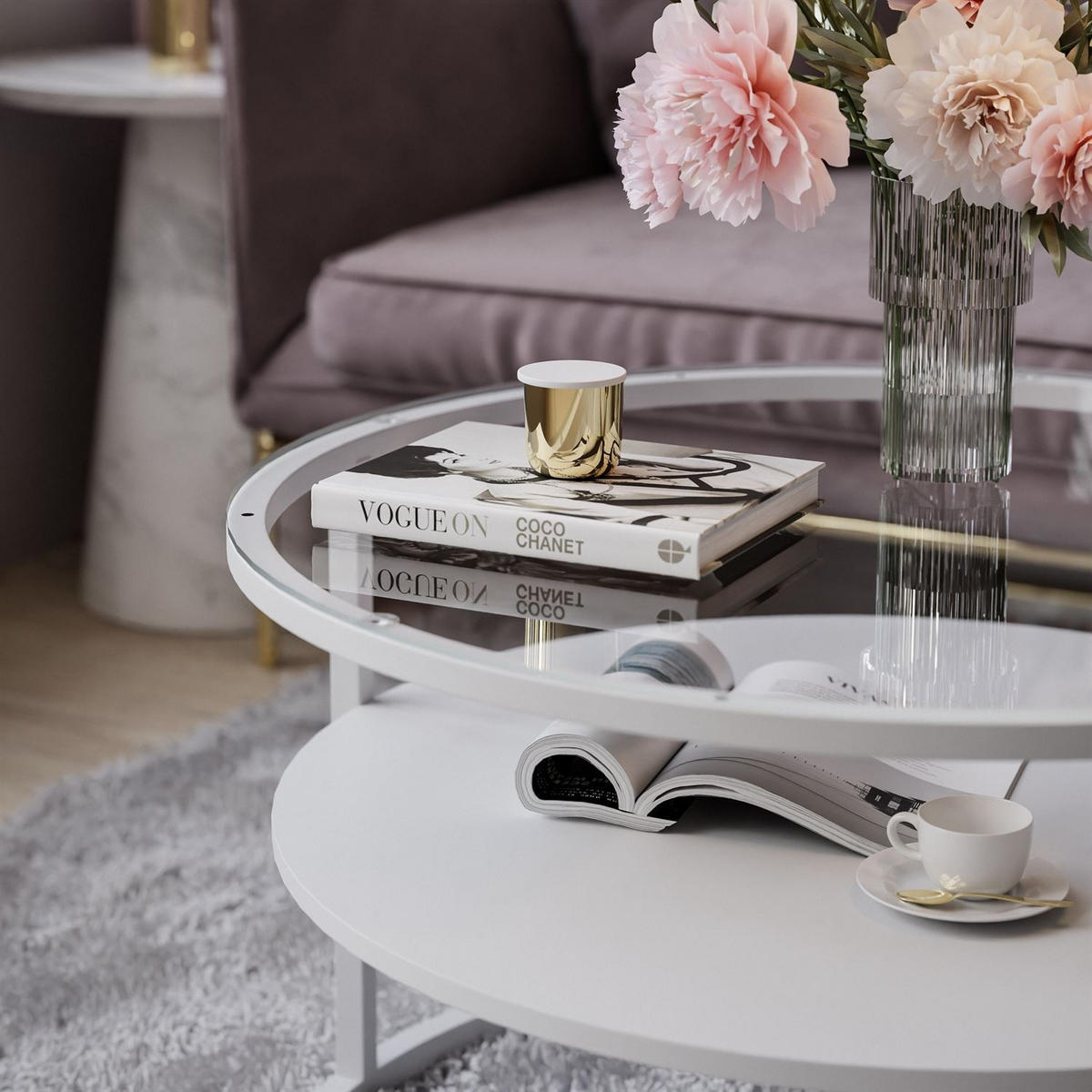 COUCHTISCH CIRI GLASS mit Regal - Weiß, Glas (70/70/47.4cm) - Lookway