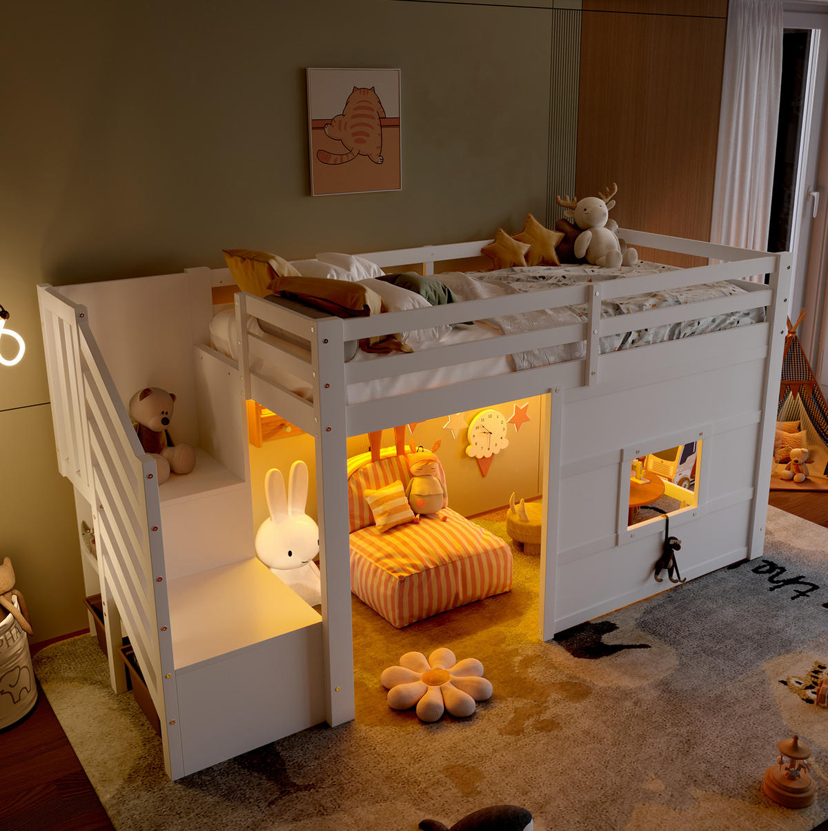 HOCHBETT 90/200 cm, Weiß mit Stauraumtreppe, Fenster und LED - Weiß, Holz (90/200cm) - MIVRAY