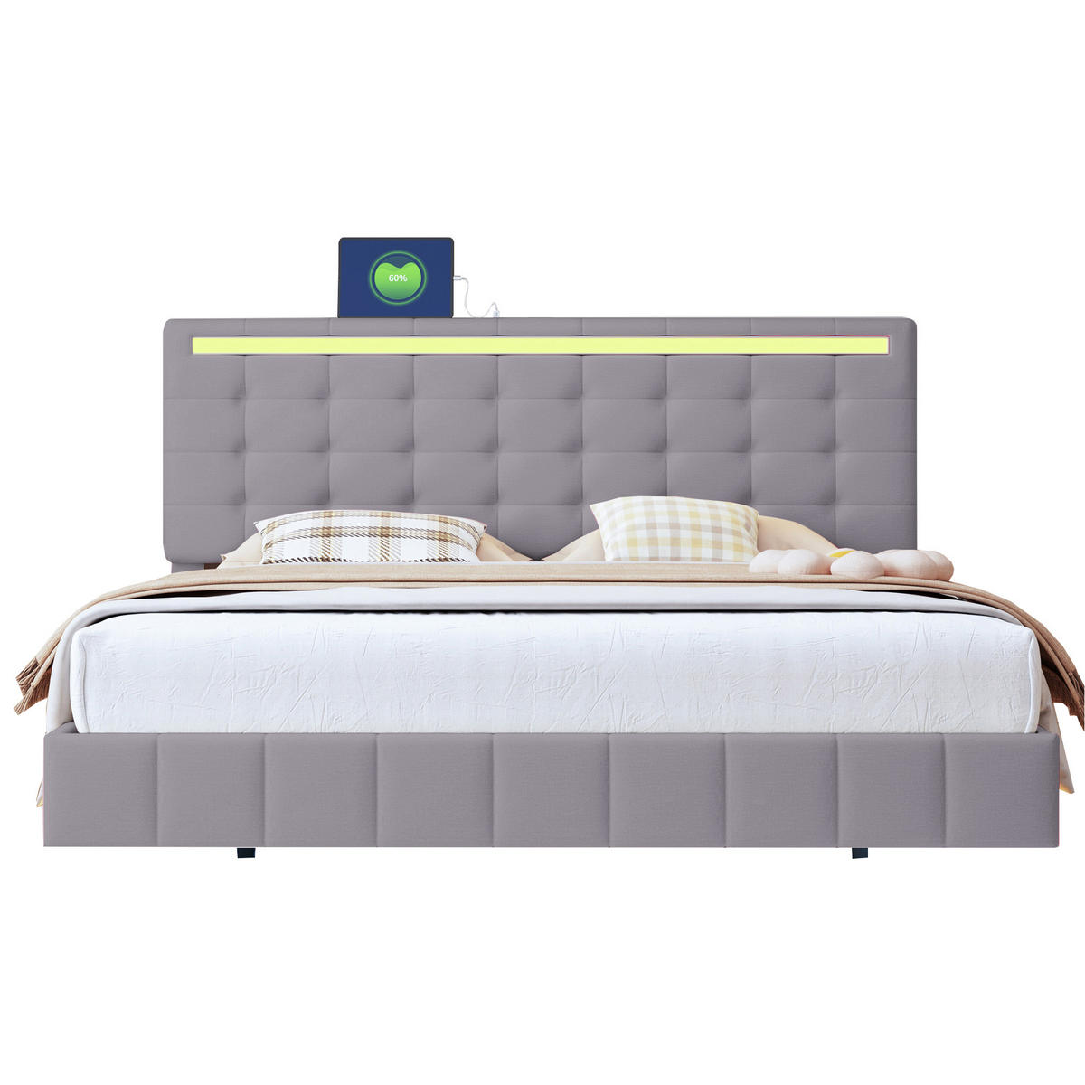 POLSTERBETT 160/200 cm grau mit LED-Beleuchtung und Kopfteil-Design - Grau, Textil (160/200cm) - OKWISH