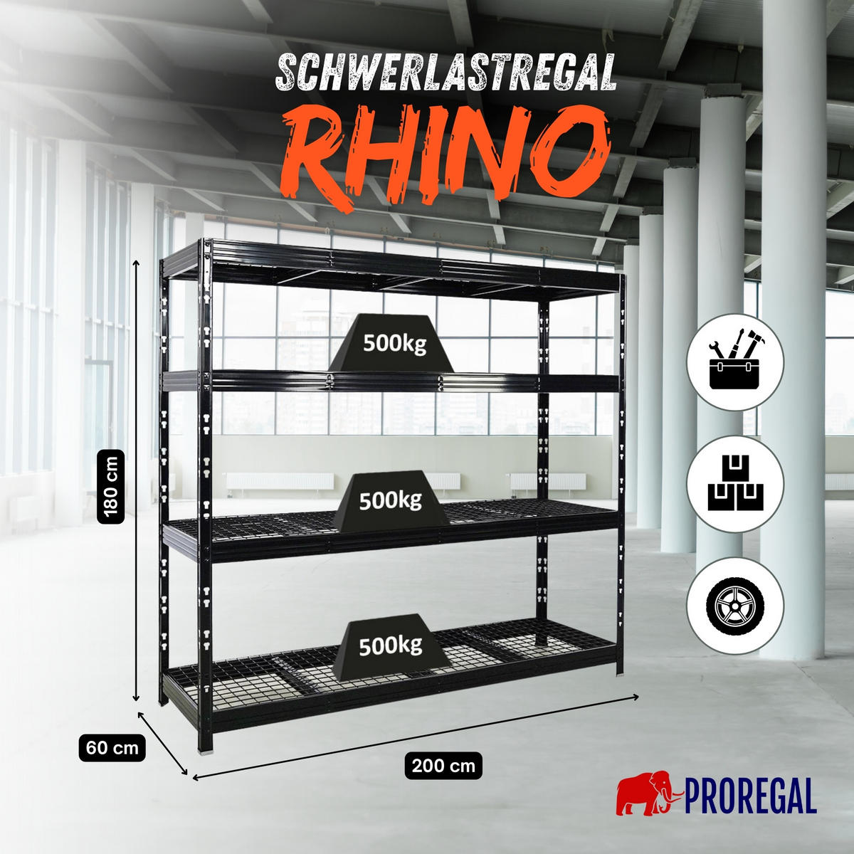 SCHWERLASTREGAL Rhino 180x200x60 cm 4 Gitterrost-Ebenen Fachlast 500 kg Schwarz - Schwarz, Metall (200/180/60cm) - PROREGAL