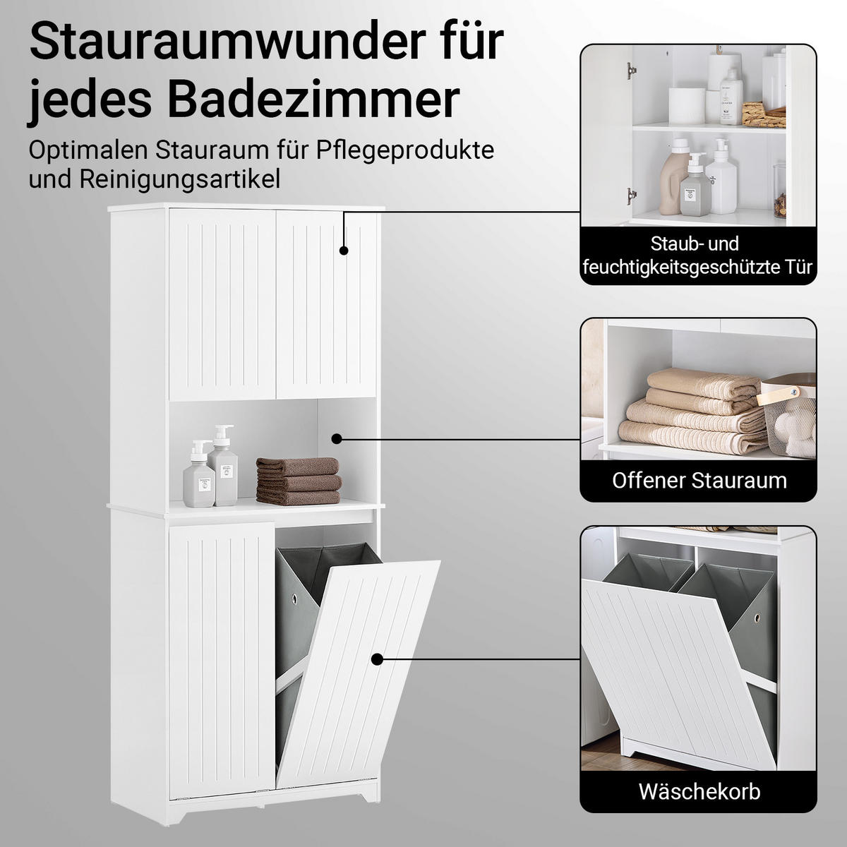 HOCHSCHRANK mit Wäschesack, Badschrank, 70x170x37cm - Weiß, Holzwerkstoff (70/170/37cm) - SoBuy