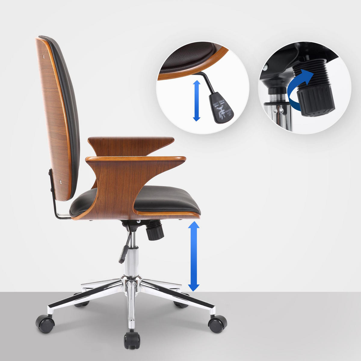 DREHSTUHL Lederlook walnuss/schwarz - Chromfarben/Walnussfarben, Textil/Metall (67/93/68cm) - CLP