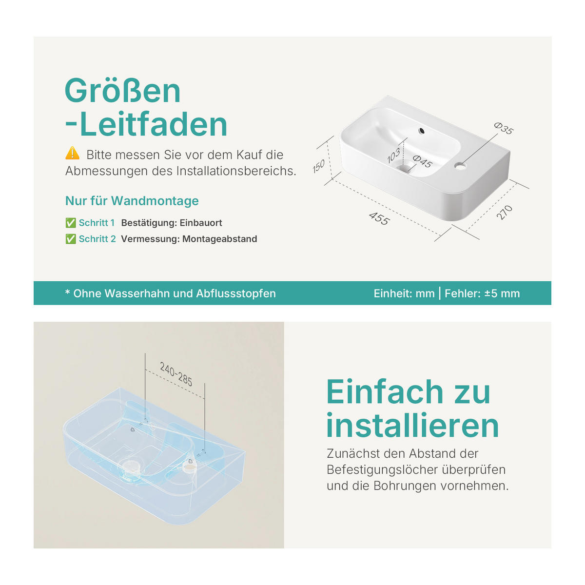 WASCHBECKEN Rechteckig Mit Hahnloch links Weiß 45 / 26,5 / 15,6 cm - Weiß, Keramik (26.5/15.6/45cm) - EMKE