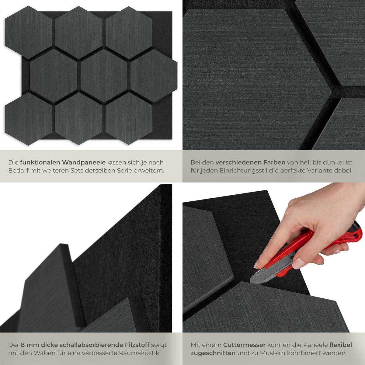 AKUSTIKPANEELE Sonic Shield, je 76 x 62 x 1,8 cm, Größe flexibel anpassbar, Eiche schwarz - Schwarz, Holz (62/1.8/76cm) - tectake