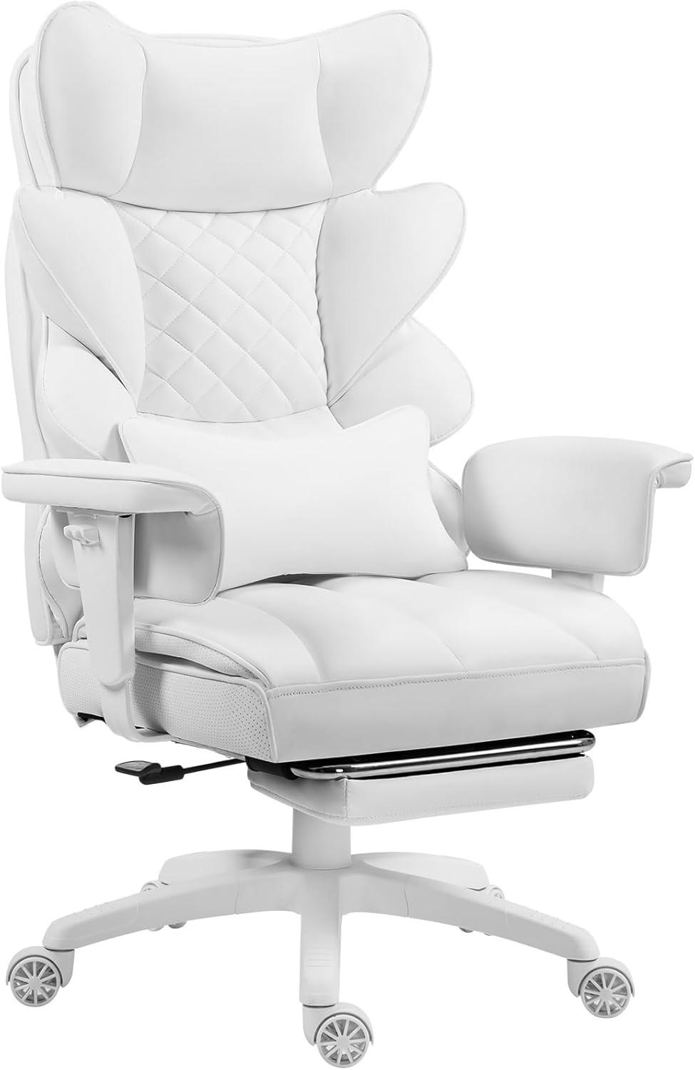 GAMING-STUHL & gefederten Sitzkissen Lendenwirbelstütze und Fußstützen - Weiß, Leder (76/121/60cm)