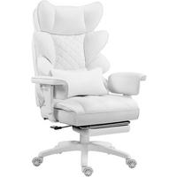 GAMING-STUHL & gefederten Sitzkissen Lendenwirbelstütze und Fußstützen - Weiß, Leder (76/121/60cm)