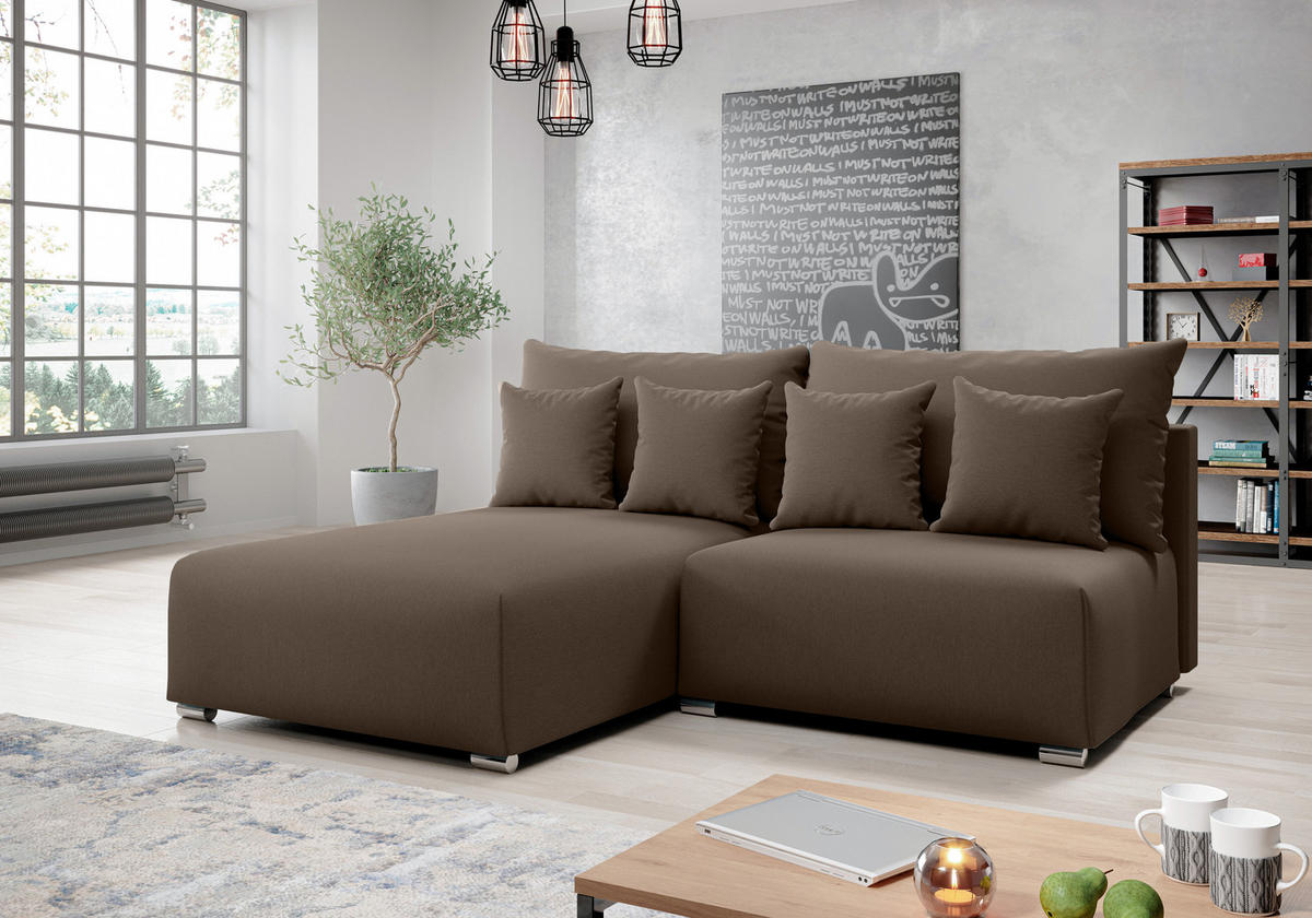 ECKSOFA L Form Ederra Braun 208/190/91 cm – großes Sofa mit Schlaffunktion L - Silberfarben/Braun, Textil/Metall (190/208cm) - AX Living
