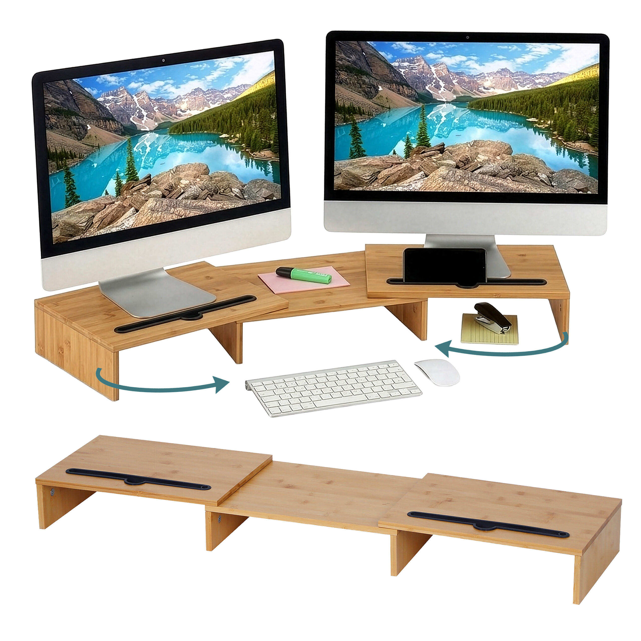 MONITORSTÄNDER Natur Bambus für 2 Monitore verstellbar - Hellbraun, Holz/Kunststoff (27/105/10cm) - Relaxdays