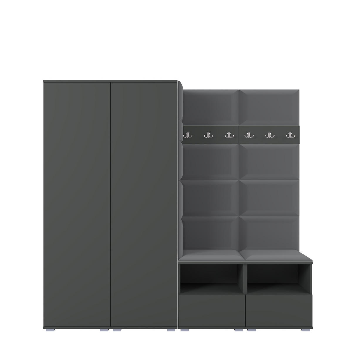 GARDEROBE NELA VI 200 cm (Kompaktgarderobe Graphit mit Sitzpolster Dunkelgrau 15 Schrank & Paneel) - Dunkelgrau/Silberfarben, Holz/Holzwerkstoff (200/187/40cm) - Ravio