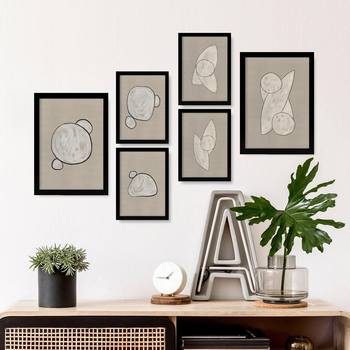 POSTER Set Mit 6 Kosmische Kontur In Form Abstracts Ästhetische Dekorative Gemälde Für Ihr Wohnzimmer, Schlafzimmer, Zuhause A3 & A4 Schwarzer Rahmen - Schwarz, Papier (29/3cm) - Nacnic