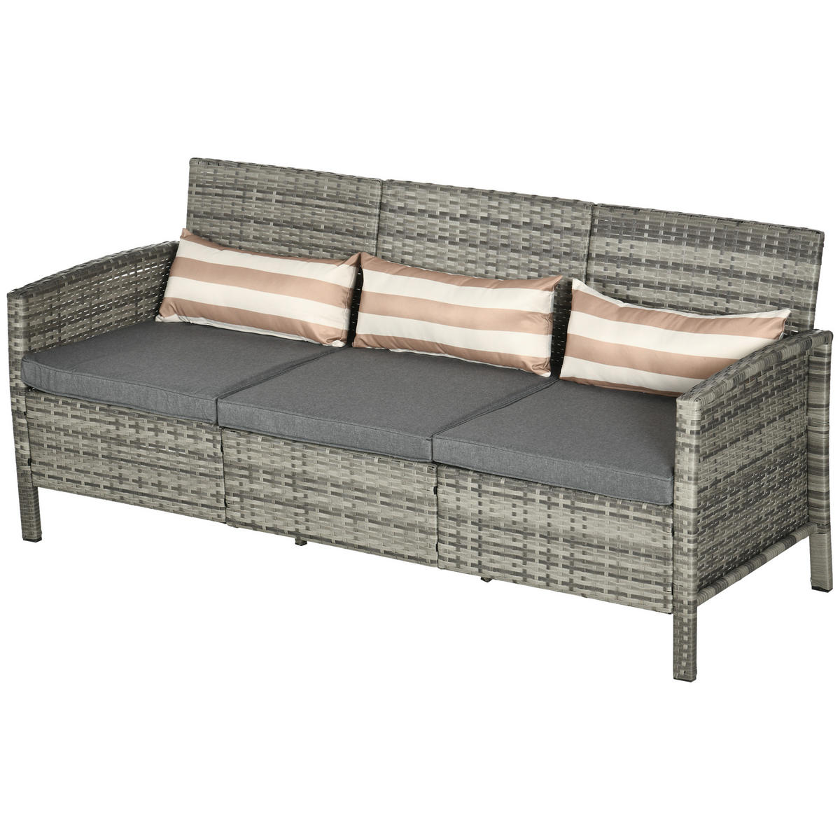 RATTAN SOFA MIT KISSEN DE-06674 3-Sitzer, Garten Loungesofa Grau - Grau, Kunststoff/Metall (68/78/173cm) - ComfortXL