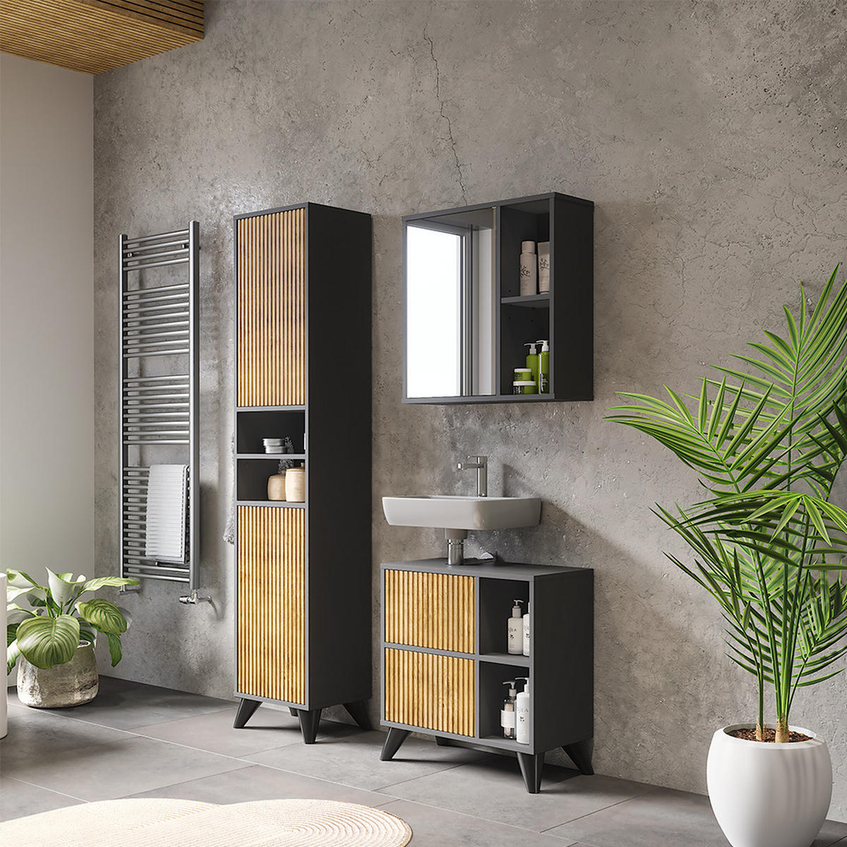 BADSCHRANK Leano Anthrazit/Bergeiche 38 x 180 cm mit 2 Türen - Eichefarben/Anthrazit, Holzwerkstoff (38/180/30cm) - Vicco