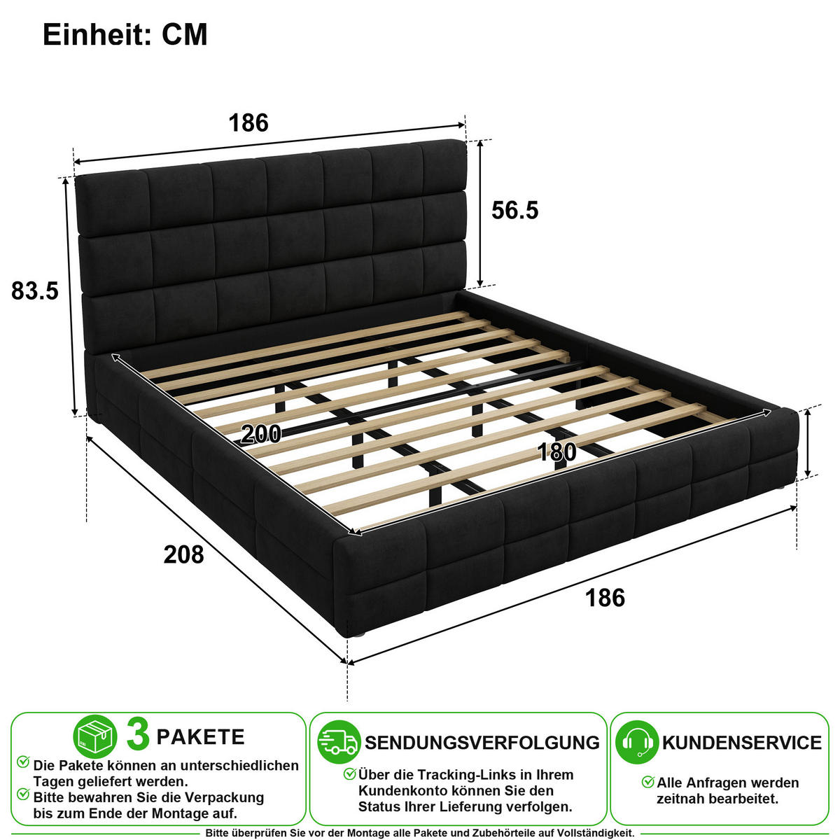 POLSTERBETT 180/200 cm in Schwarz Samt mit Kopfteil - Schwarz, Holzwerkstoff/Textil (180/200cm) - CHICFURN