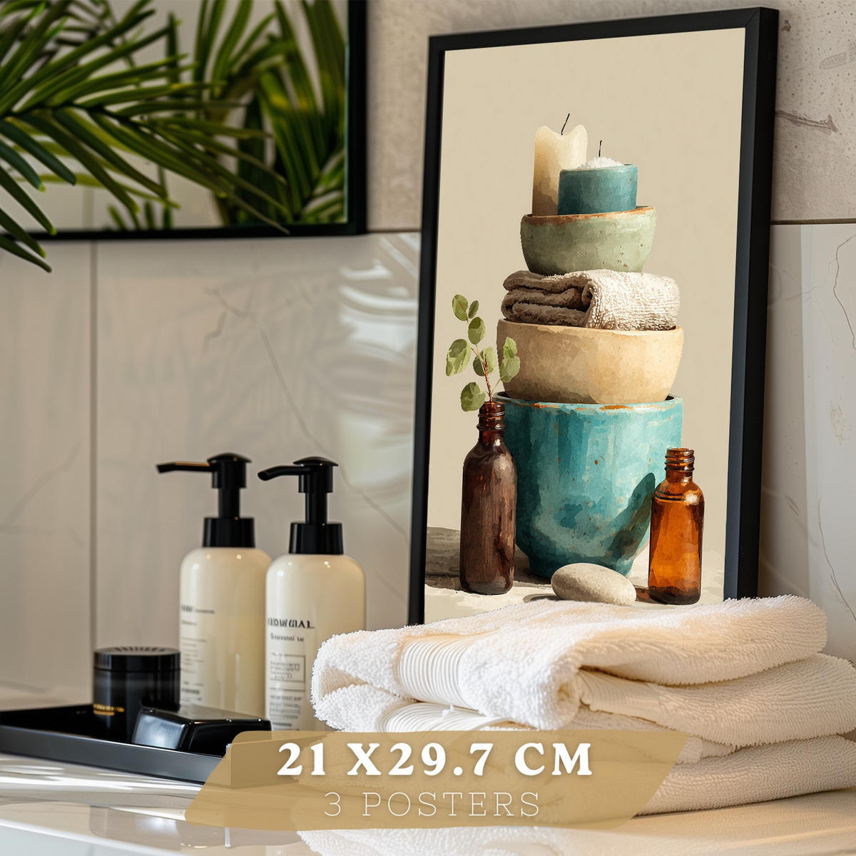 PLAKÁT Sada 3 dekorativních koupelnových tisků, přírodní lázeňský styl Černý rám A4 - černá, papír (29.7/21/3cm) - Nacnic