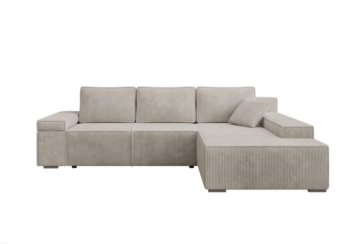ECKSOFA Milo mit Schlaffunktion und Bettkasten, Couch L-Form, Cord-Stoff, 273x85x185 cm, Beige - Beige, Holz (273/185cm) - PROMETO Möbel