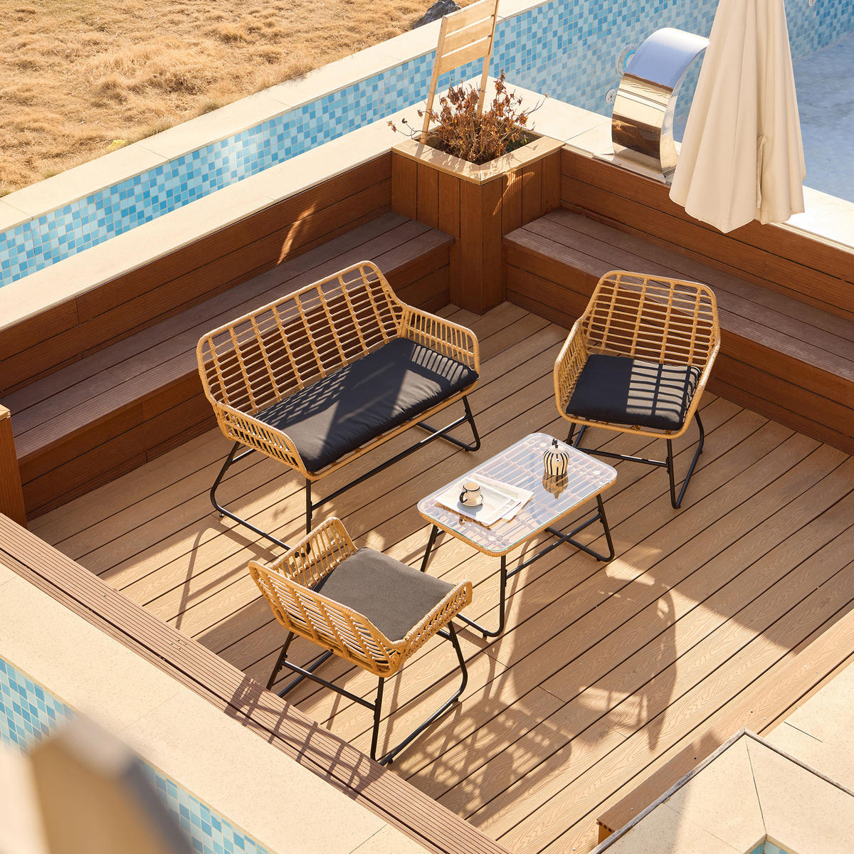 GARTENMOEBELSET Rattan - Schwarz - Dunkelgrau, Holz - Nordlys