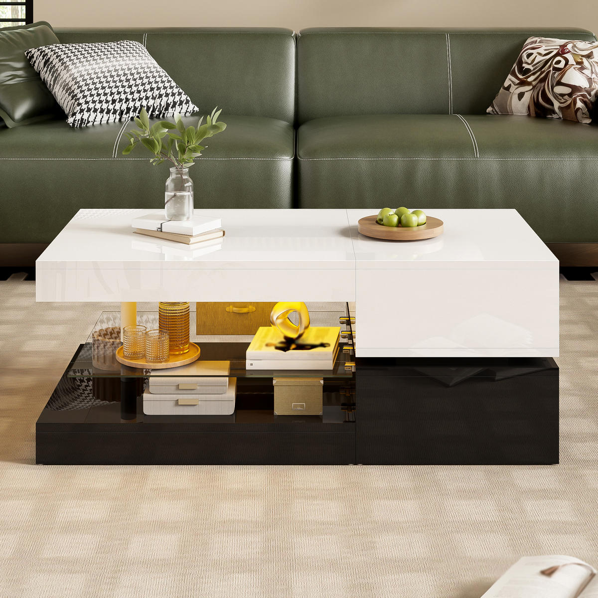 COUCHTISCH in Schwarz und Weiß mit LED-Beleuchtung für Wohnzimmer, B90/T45/H35.5 cm - Schwarz/Weiß, Glas/Holzwerkstoff (45/90/35.5cm) - STILVORA