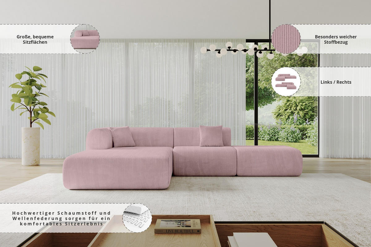 ECKSOFA Ottomane Links OVLY-L 289x176x71 Rosa Cord - Schwarz/Rosa, Holzwerkstoff/Kunststoff (176/289cm) - ALTDECOR