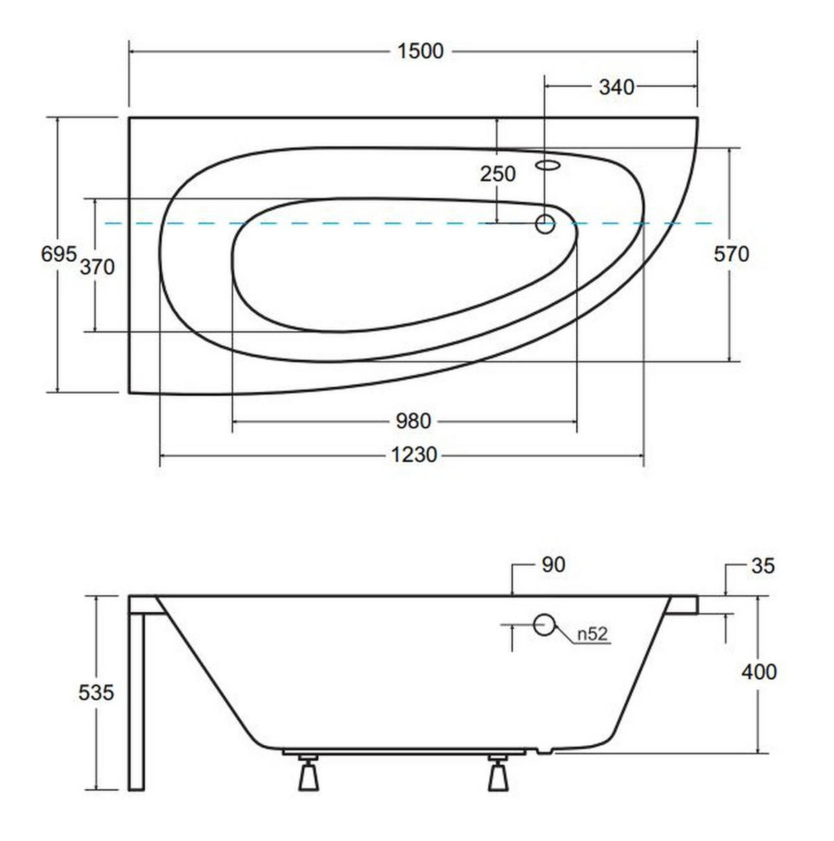 BADEWANNE Eckwanne MILENA 150/70 Links mit Styro Ablauf Füße - Weiß, Kunststoff (70/53.5/150cm) - bad land