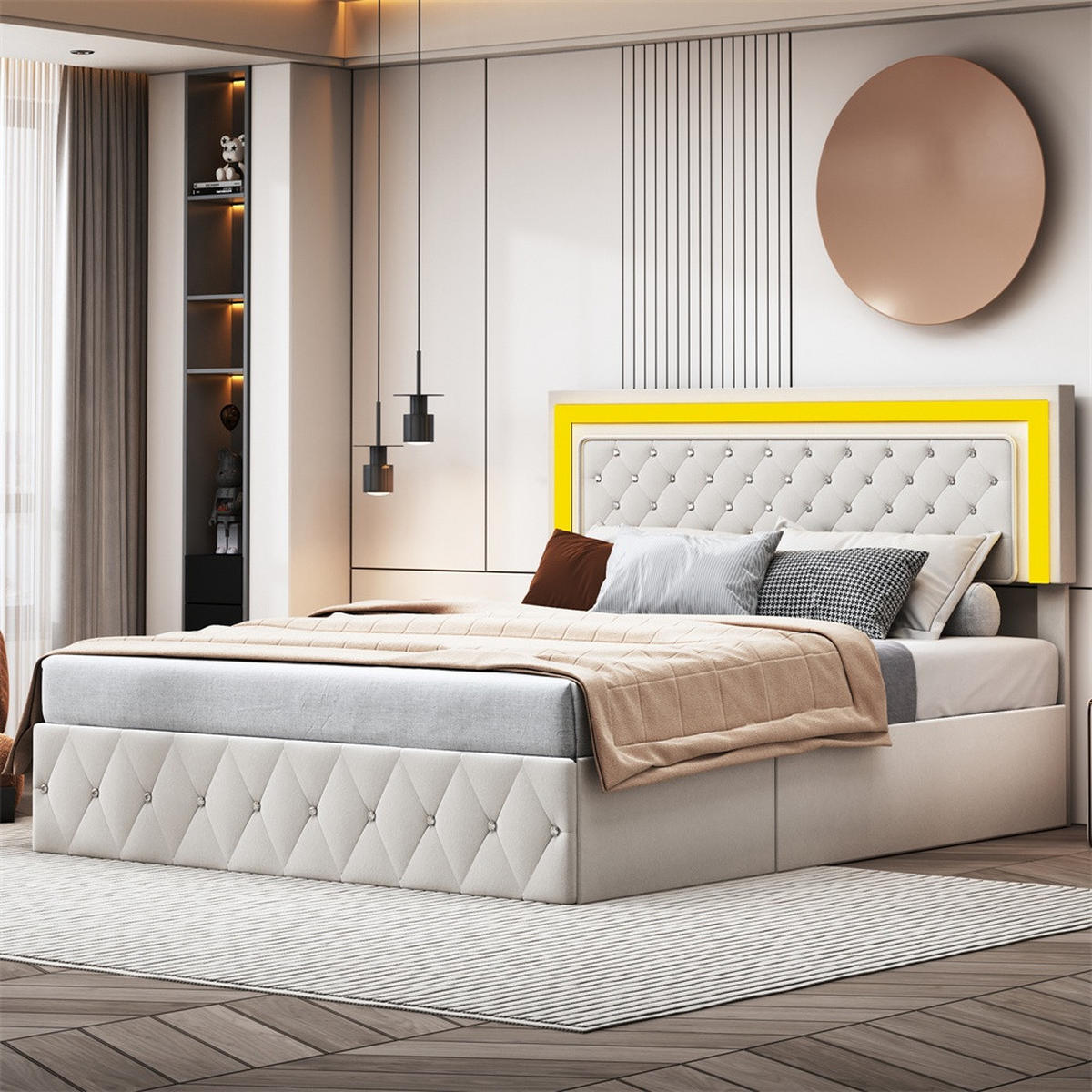 POLSTERBETT 160x200 cm - mit LED-Kopfteil und hydraulischem Bettkasten - Samt - ohne Matratze - Beige - Beige, Textil (160/200cm) - DELFA