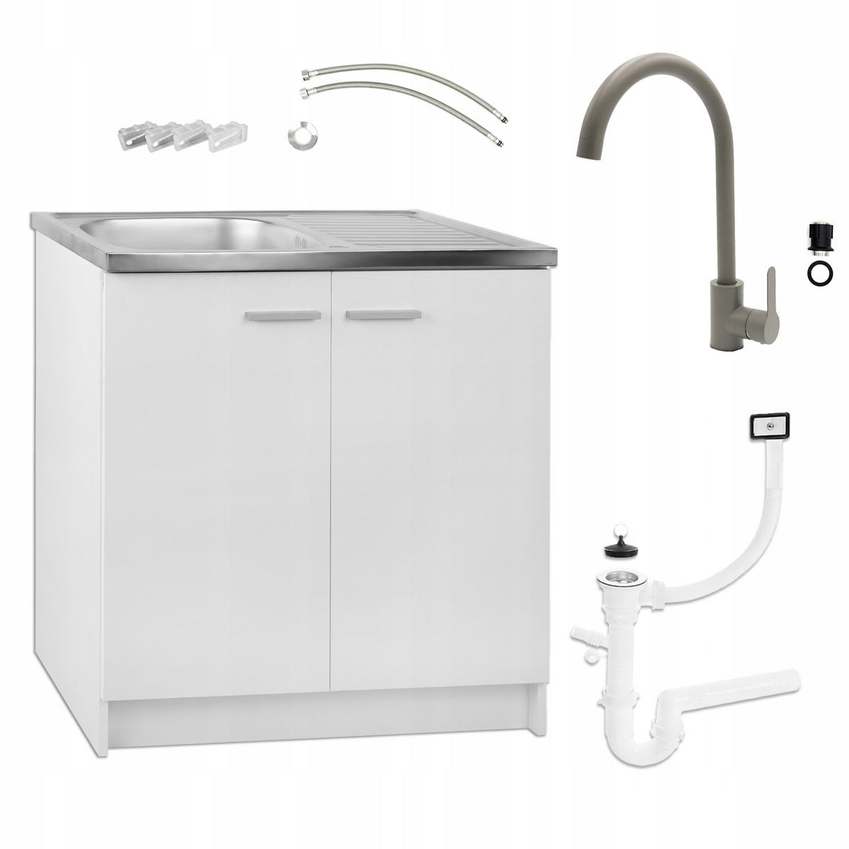 SPÜLUNTERSCHRANK 80cm mit Spüle + Armatur + Siphon weiß - Weiß, Holzwerkstoff (80/82/50cm) - Stamar