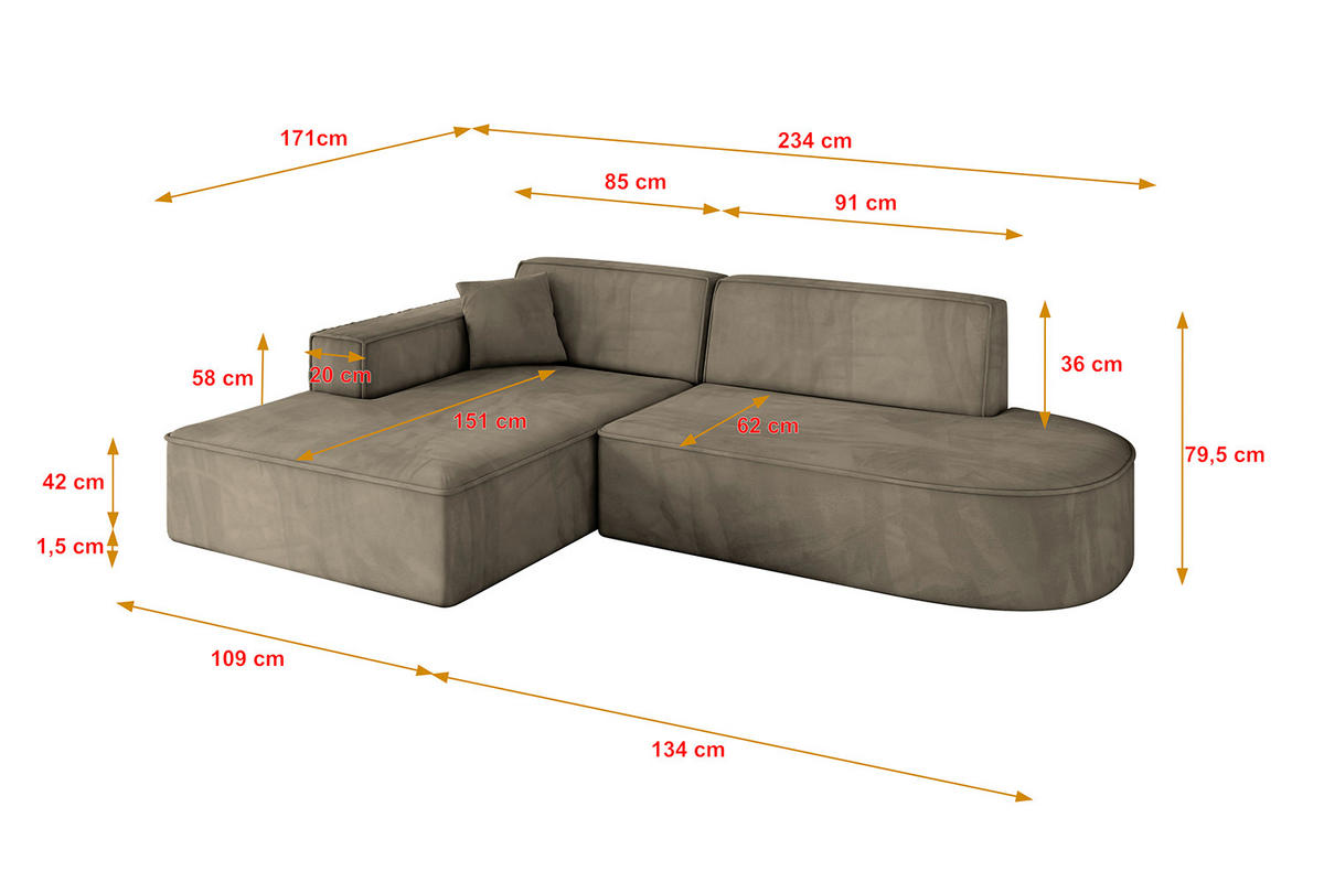 ECKSOFA Ottomane Links IREA-L1-v4 - 234x171x79 cm Braun - Braun, Holzwerkstoff/Textil (234/171cm) - ALTDECOR